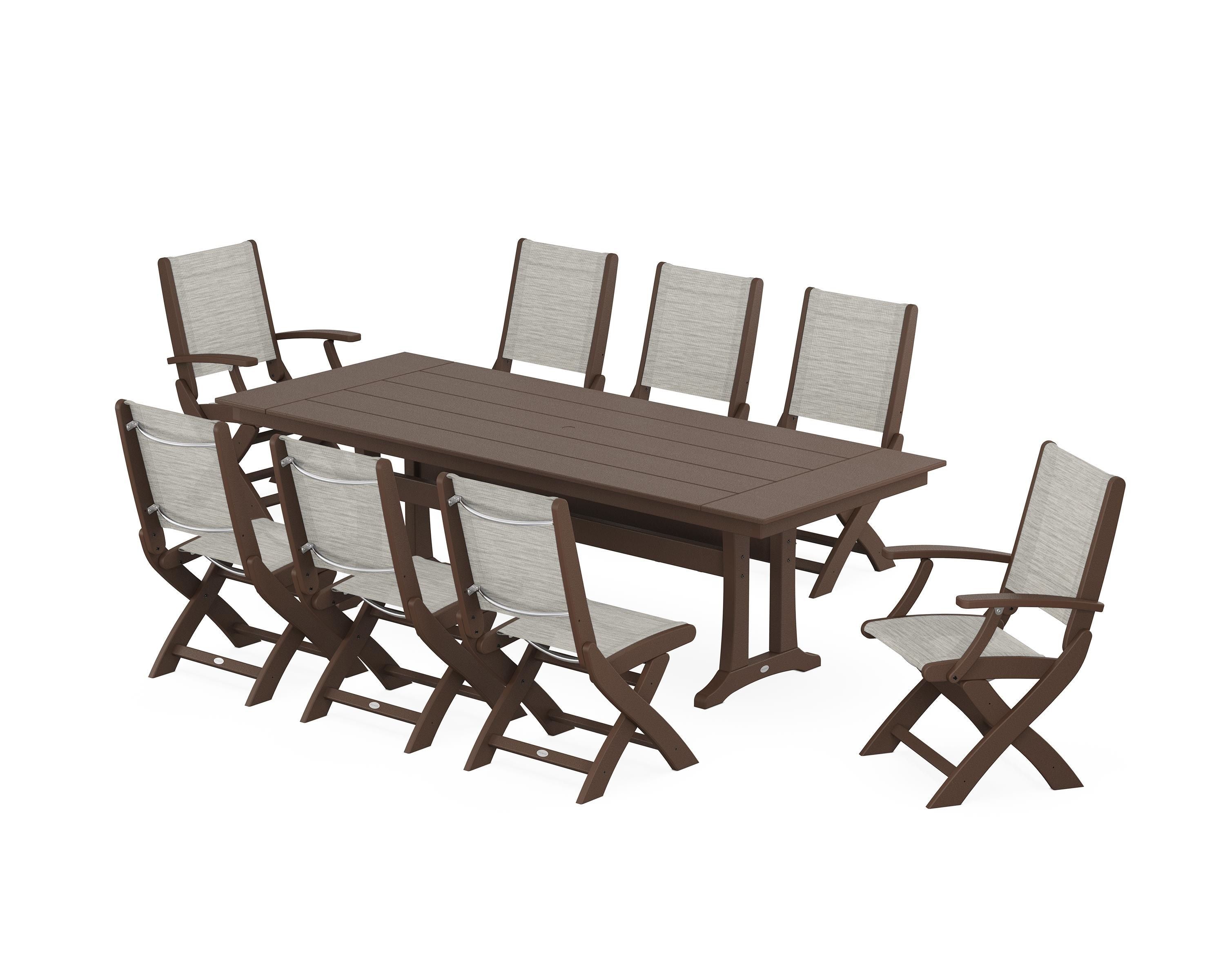 POLYWOOD Coastal 9-Piece Folding Dining Chair Farmhouse Dining Set with Trestle Legs in Mahogany / Birch Sling