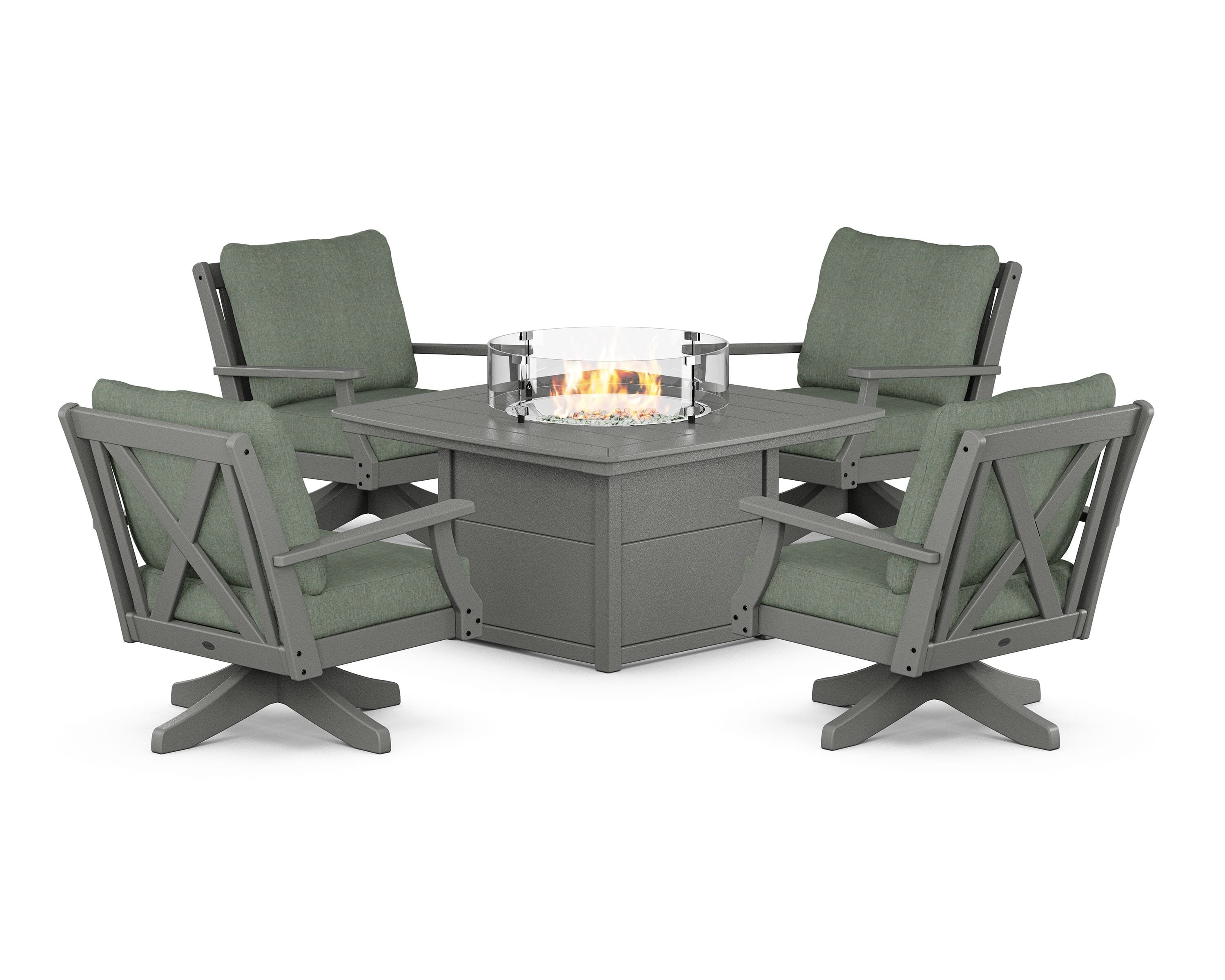 POLYWOOD Braxton 5-Piece Deep Seating Swivel Conversation Set with Fire Pit Table in Slate Grey / Cast Sage
