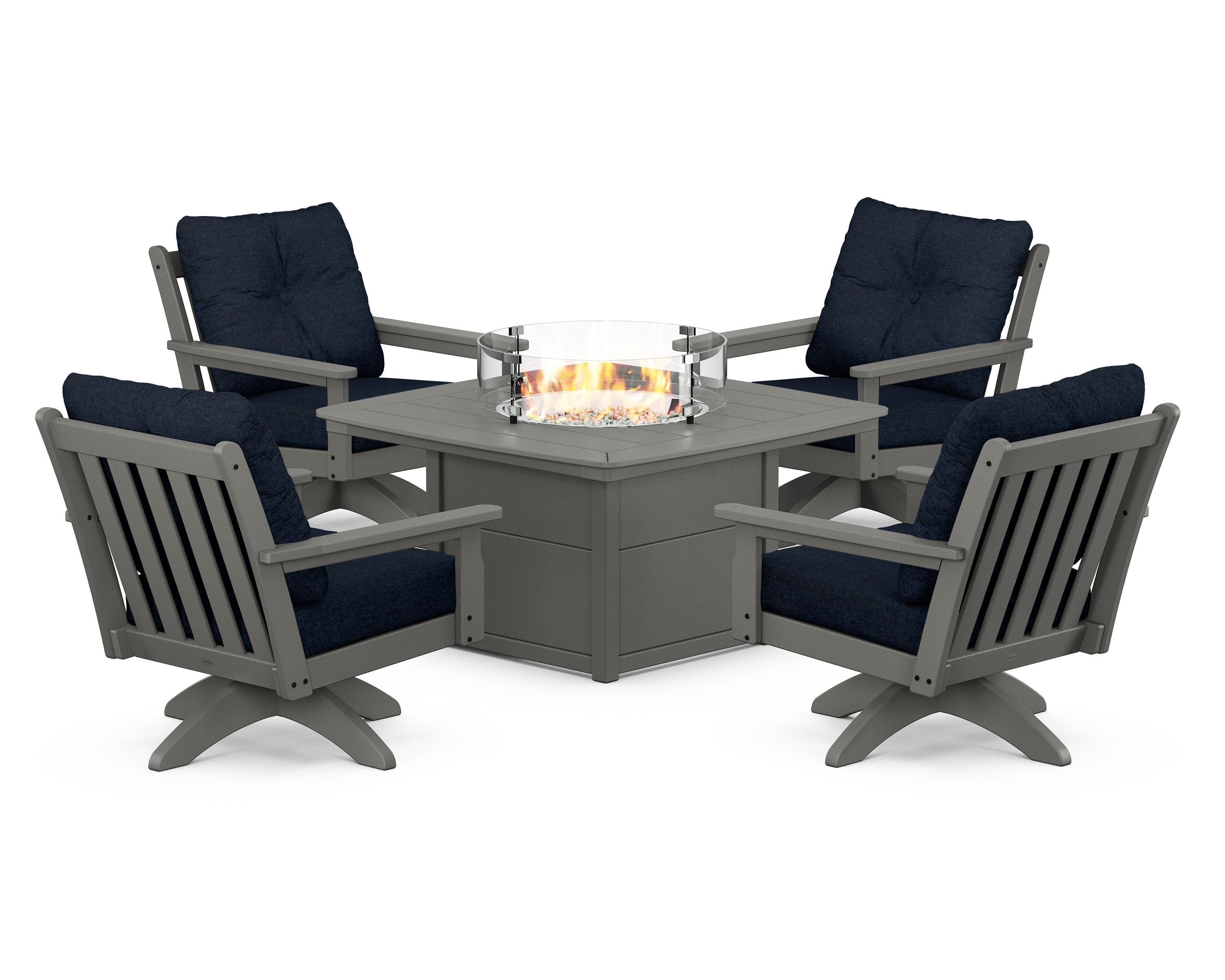 POLYWOOD Vineyard 5-Piece Deep Seating Swivel Conversation Set with Fire Pit Table in Slate Grey / Marine Indigo