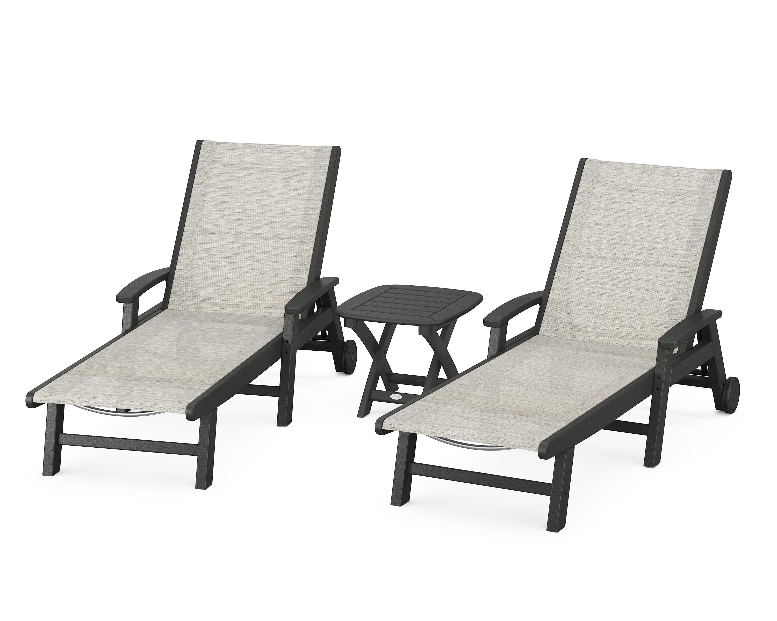 POLYWOOD Coastal 3-Piece Wheeled Chaise Set in Black / Birch Sling