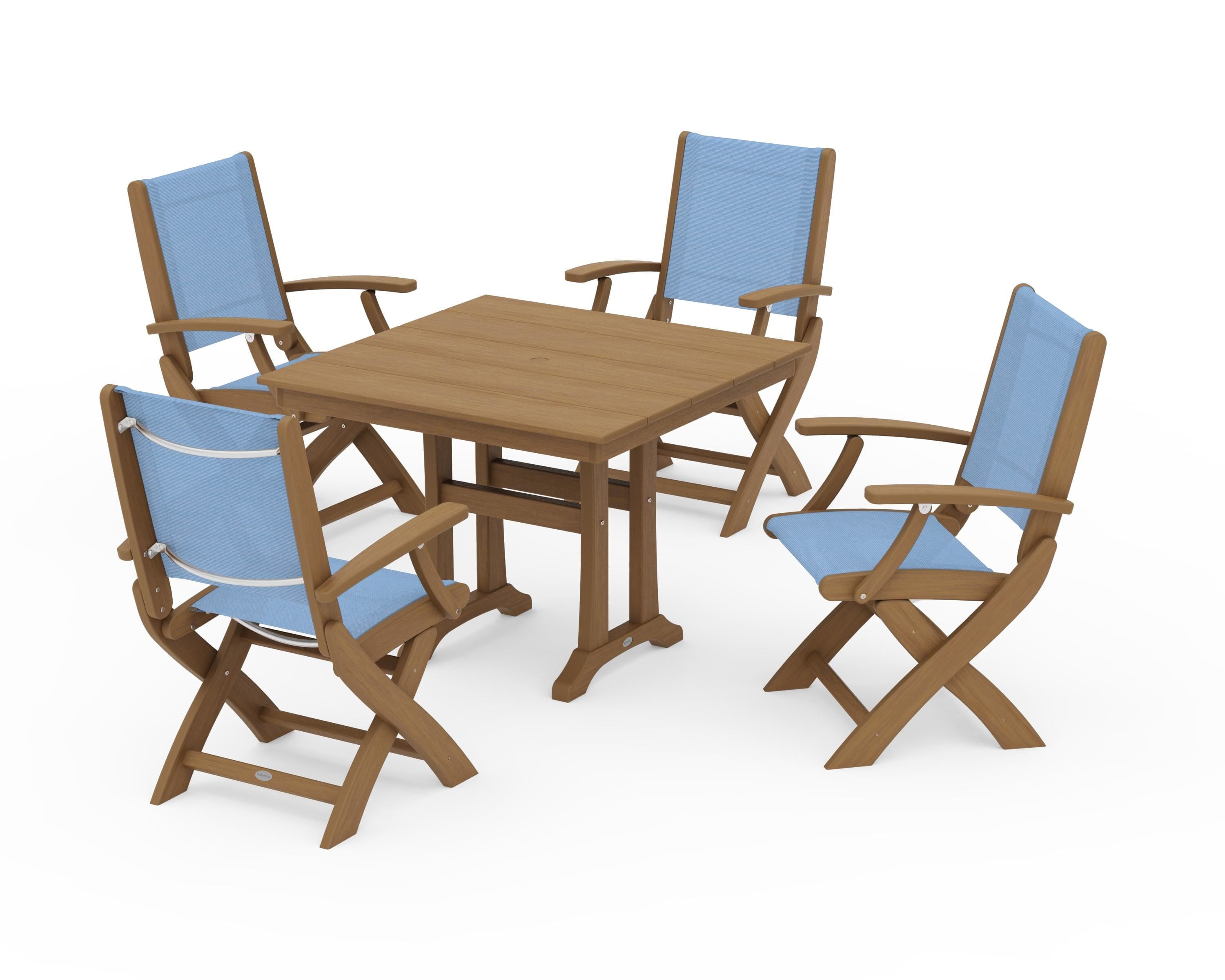 POLYWOOD Coastal Folding Chair 5-Piece Farmhouse Dining Set With Trestle Legs in Natural / Poolside Sling