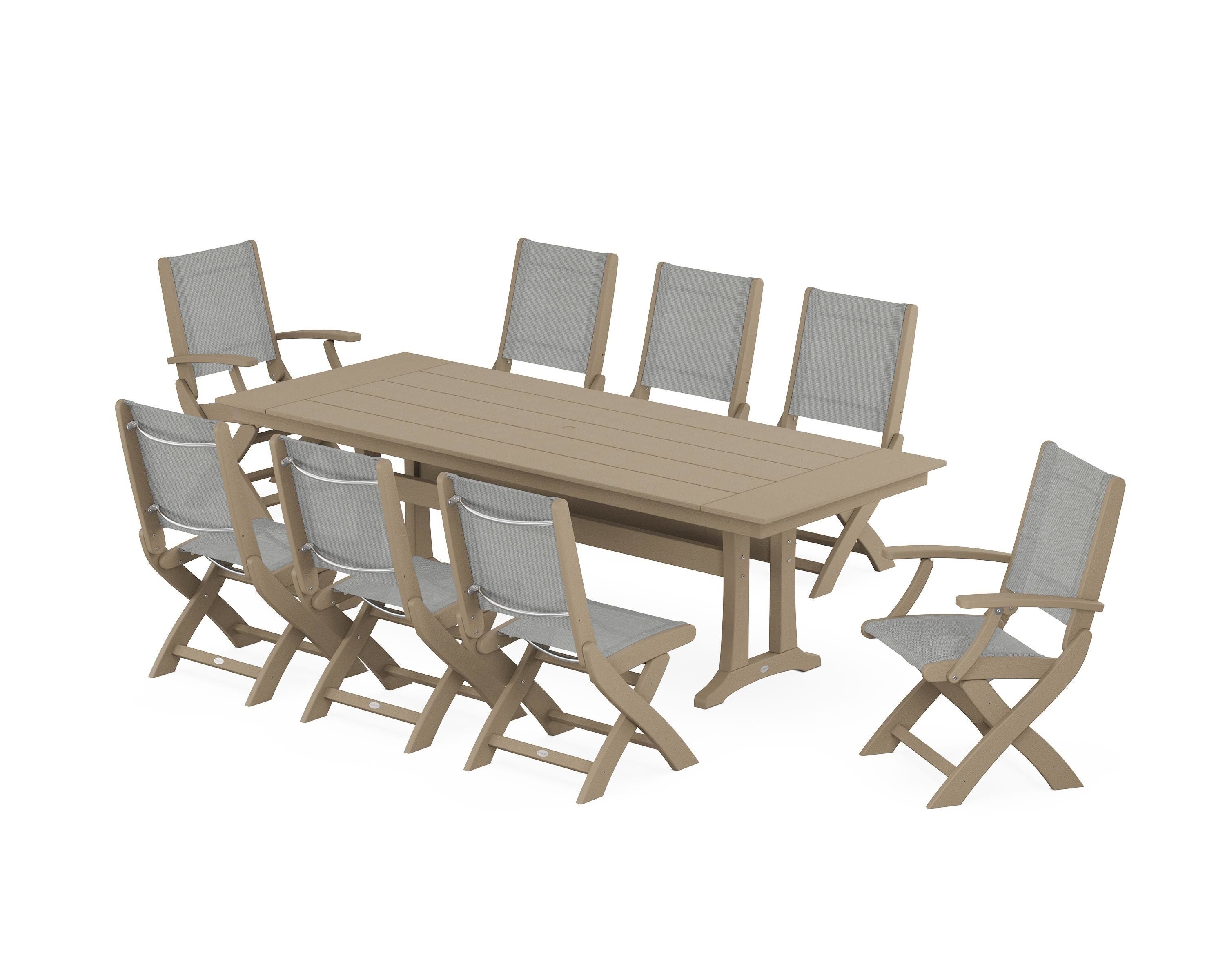 POLYWOOD Coastal 9-Piece Folding Dining Chair Farmhouse Dining Set with Trestle Legs in Vintage Sahara / Metallic Sling