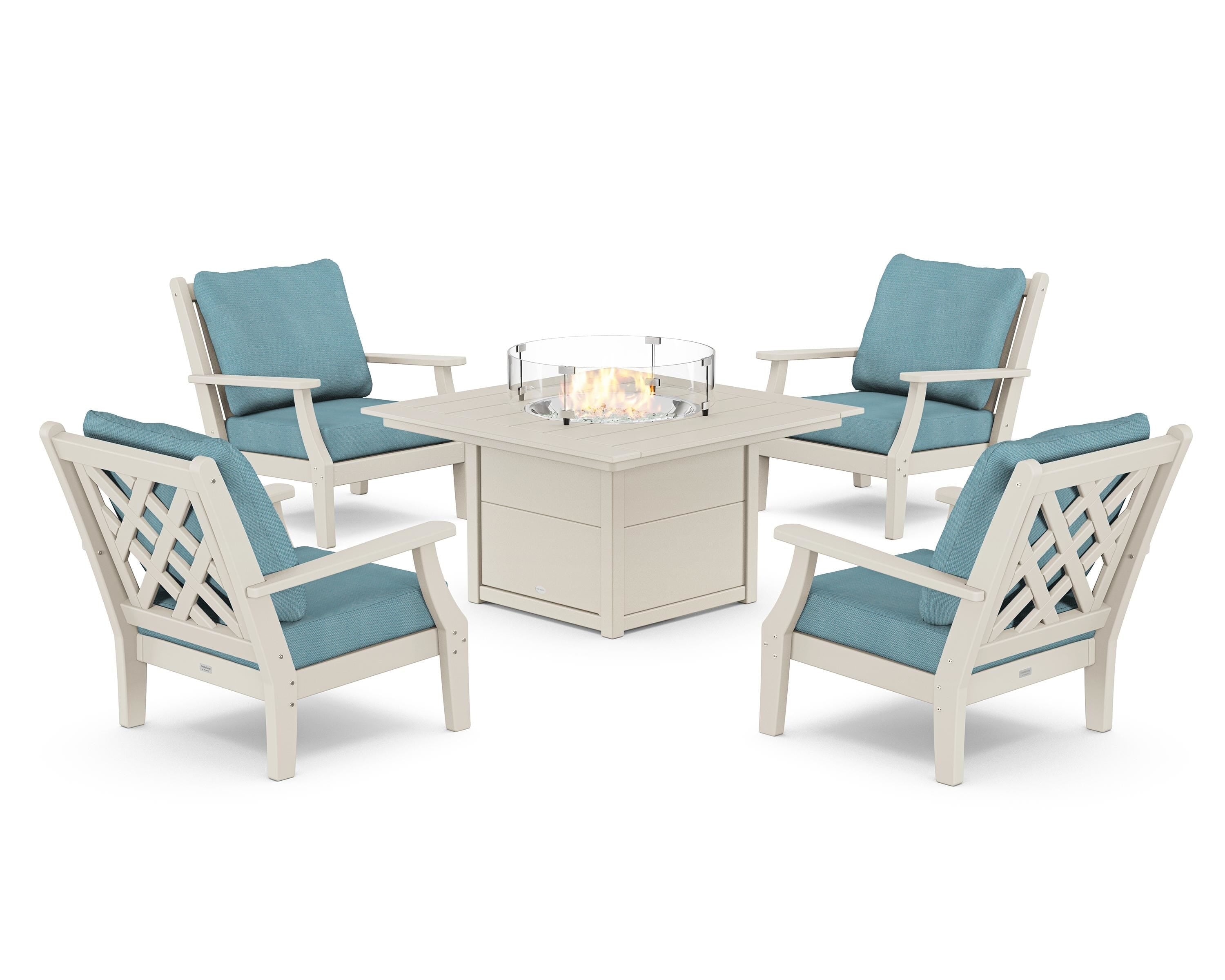 Country Living Wovendale 5-Piece Deep Seating Set with Fire Pit Table in Sand / Lattice Sky Blue