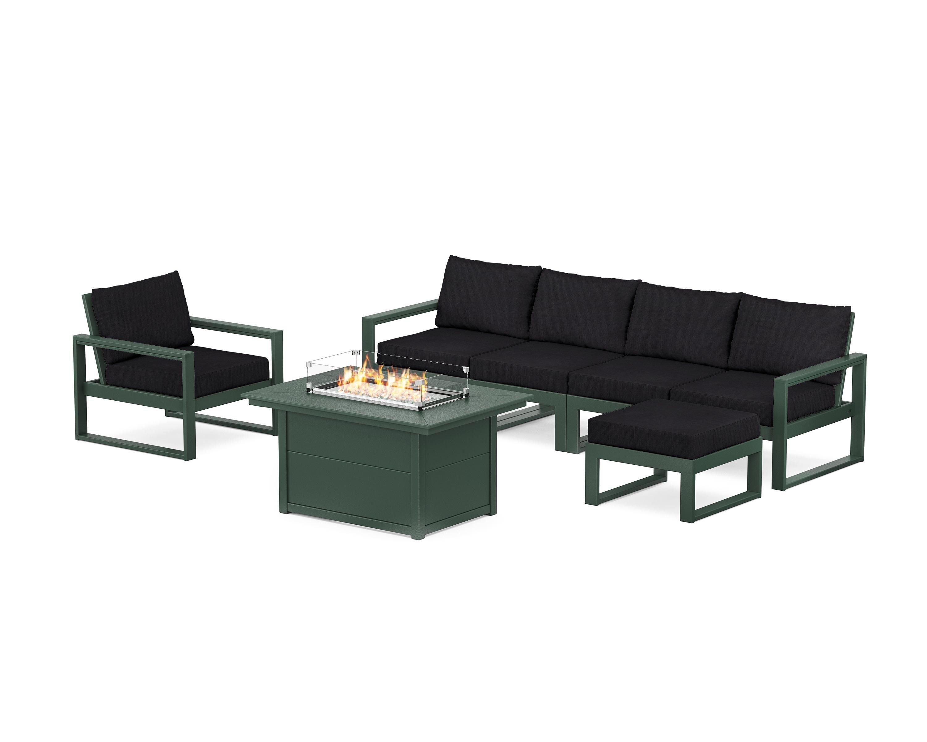 POLYWOOD EDGE Sectional Lounge and Fire Pit Set in Green / Midnight Linen