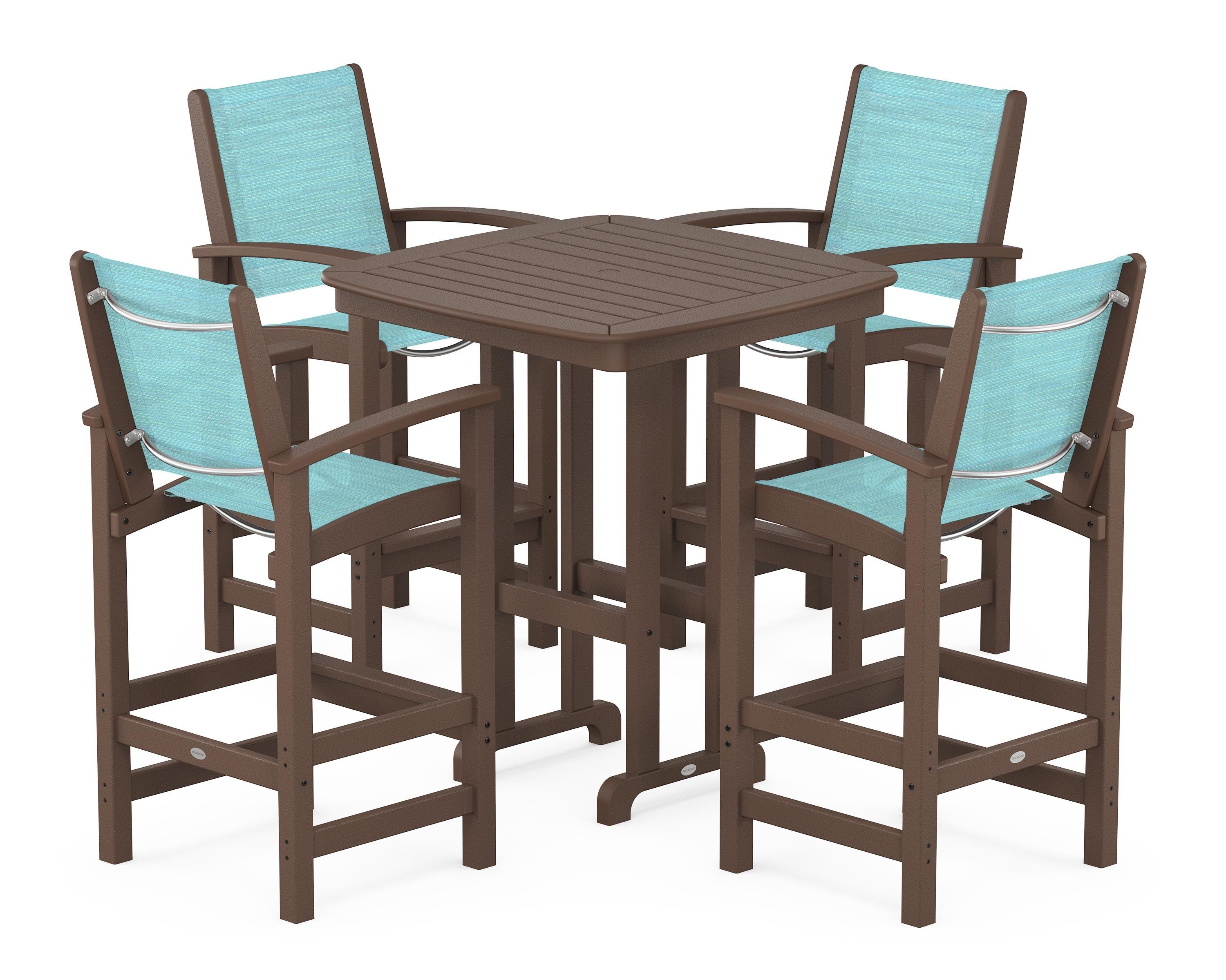 POLYWOOD Coastal 5-Piece Bar Set in Mahogany / Dupioni Aquamarine Sling