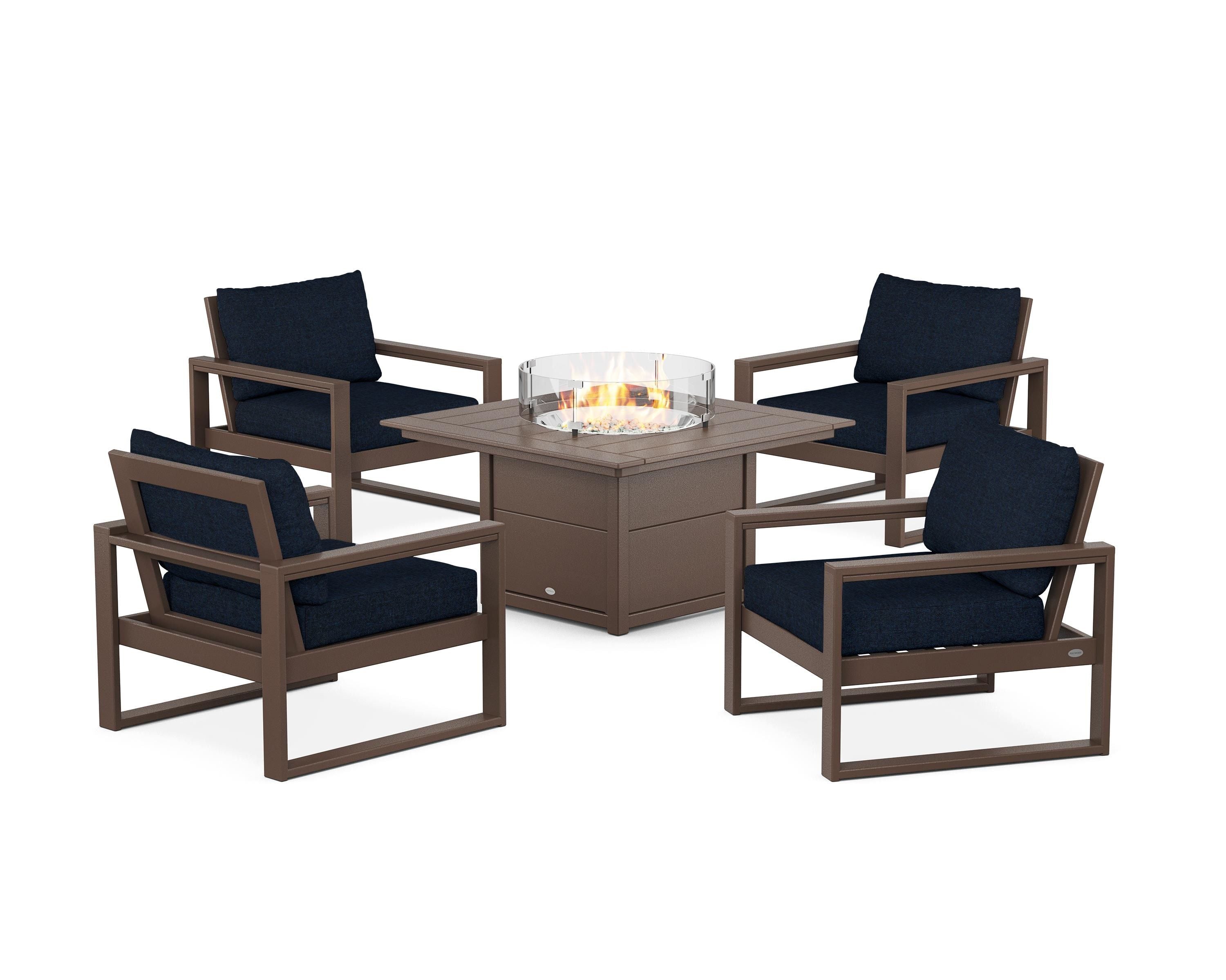 POLYWOOD EDGE Sectional 5-Piece Deep Seating Set with Fire Pit Table in Mahogany / Marine Indigo