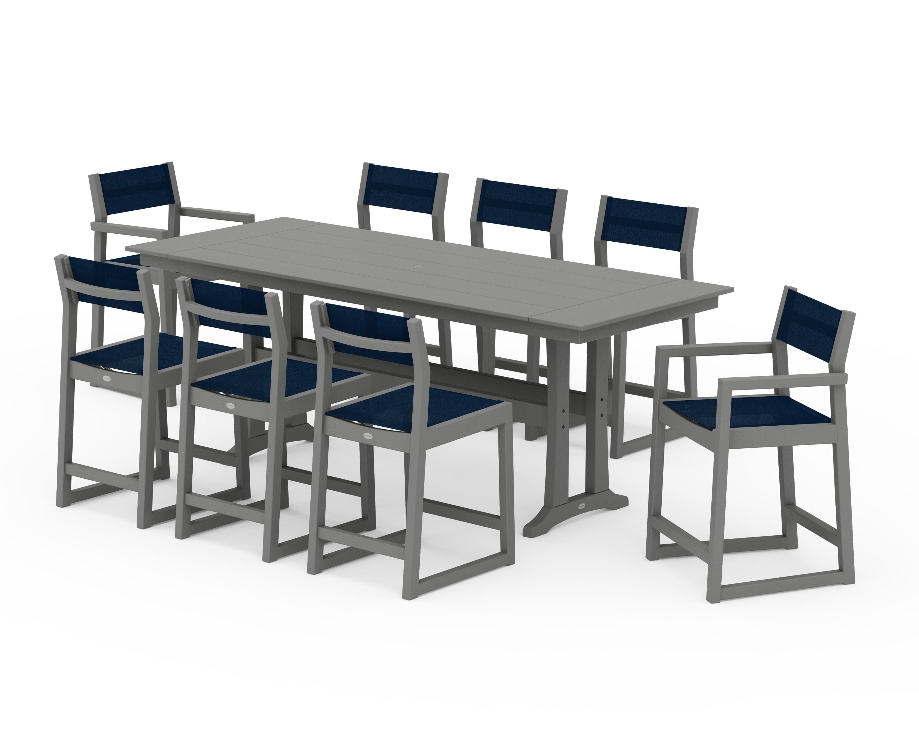 POLYWOOD EDGE Sling 9-Piece Farmhouse Counter Set with Trestle Legs in Slate Grey / Navy Blue Sling