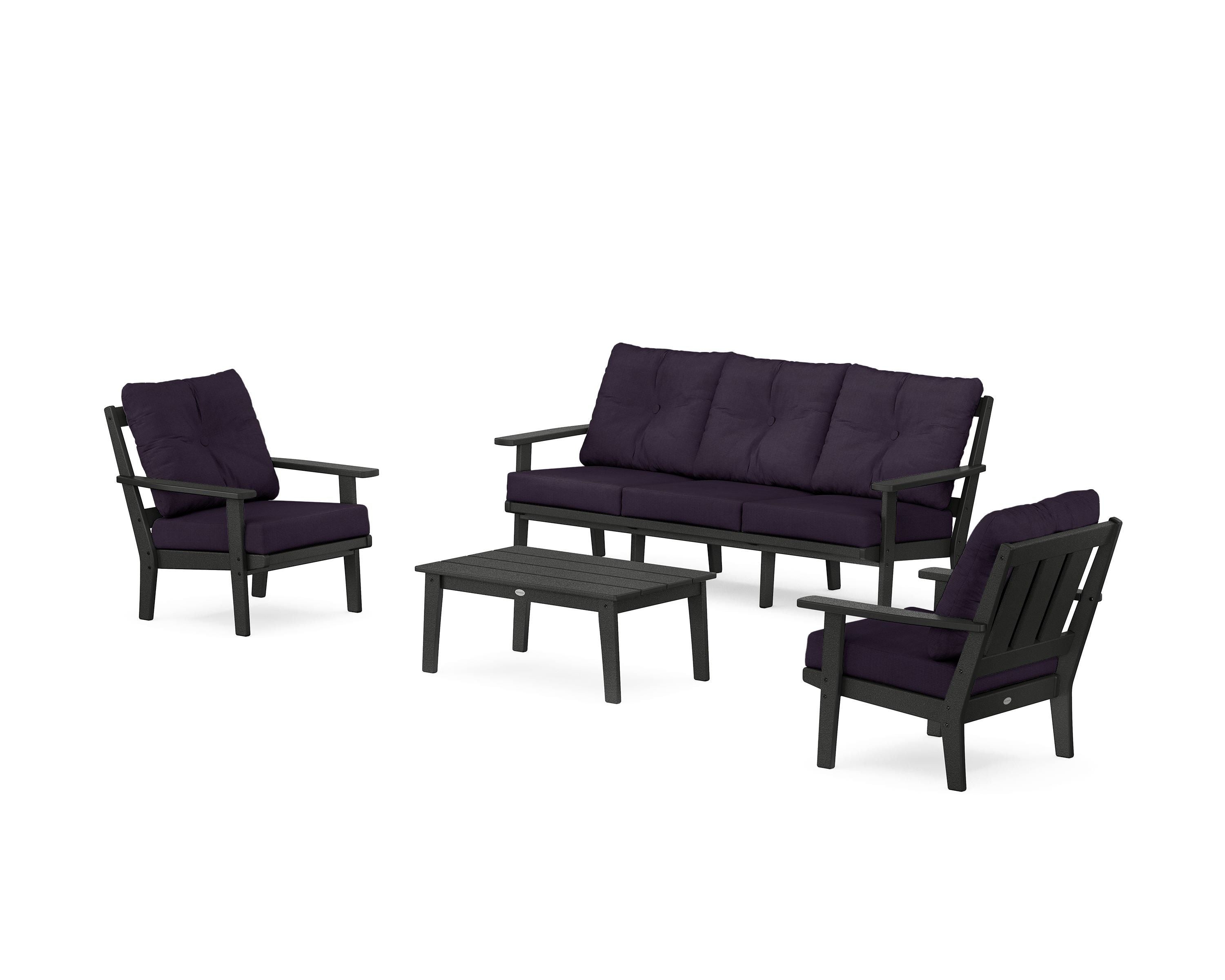 POLYWOOD Oxford 4-Piece Deep Seating Set with Sofa in Black / Navy Linen