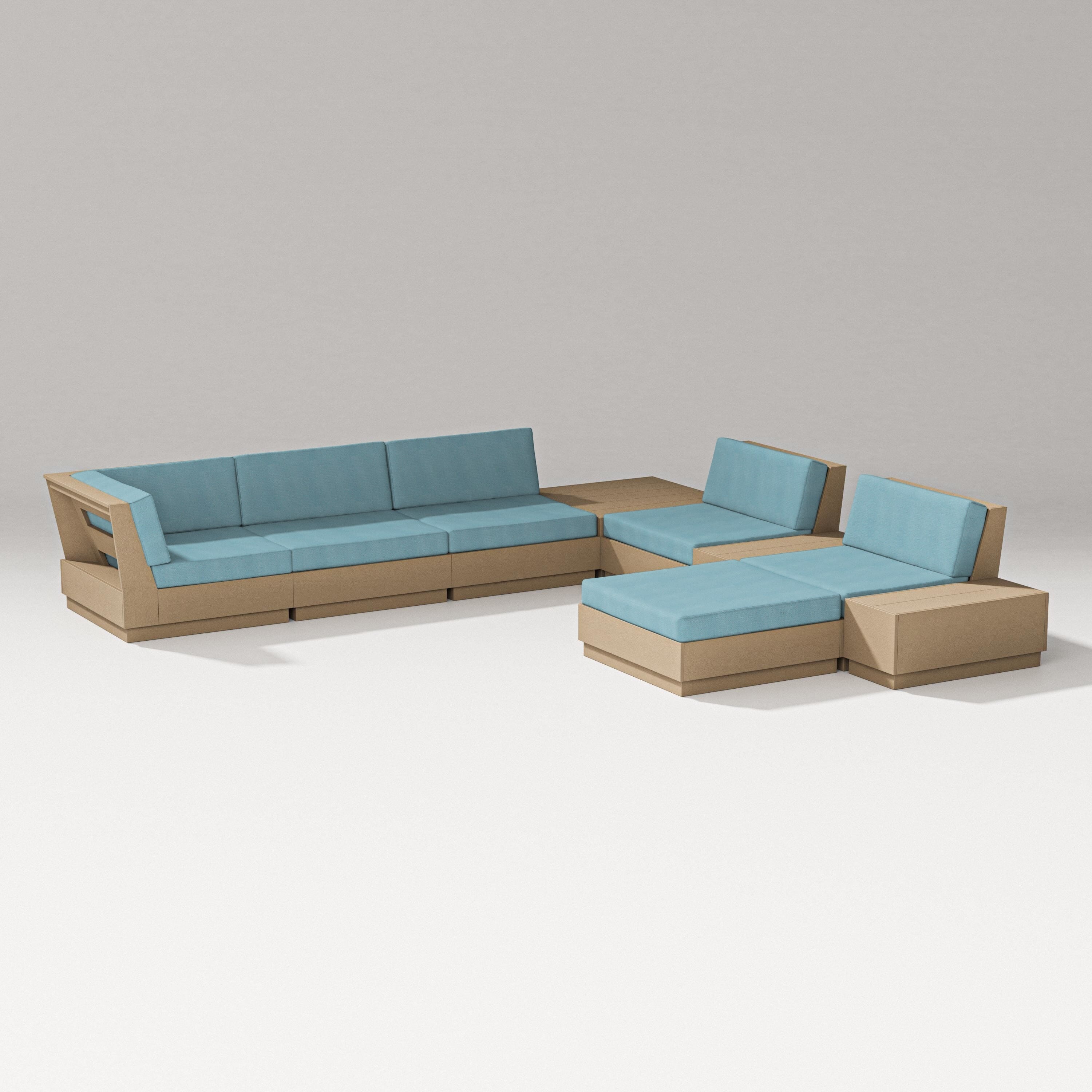 PW Designer Series Elevate 9-Piece Conversation Sectional in Vintage Sahara / Lattice Sky Blue