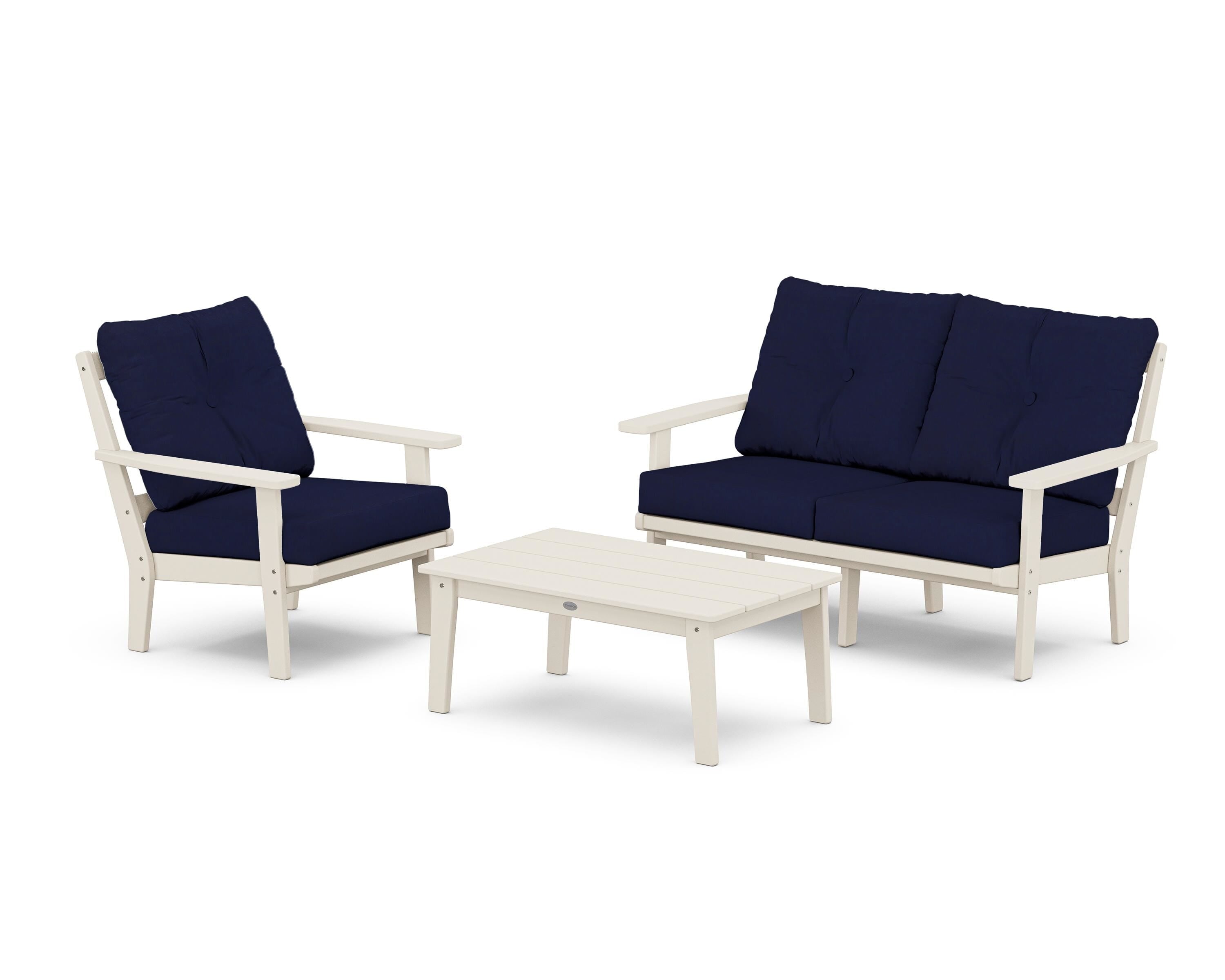 POLYWOOD Prairie 3-Piece Deep Seating Set with Loveseat in Sand / Navy