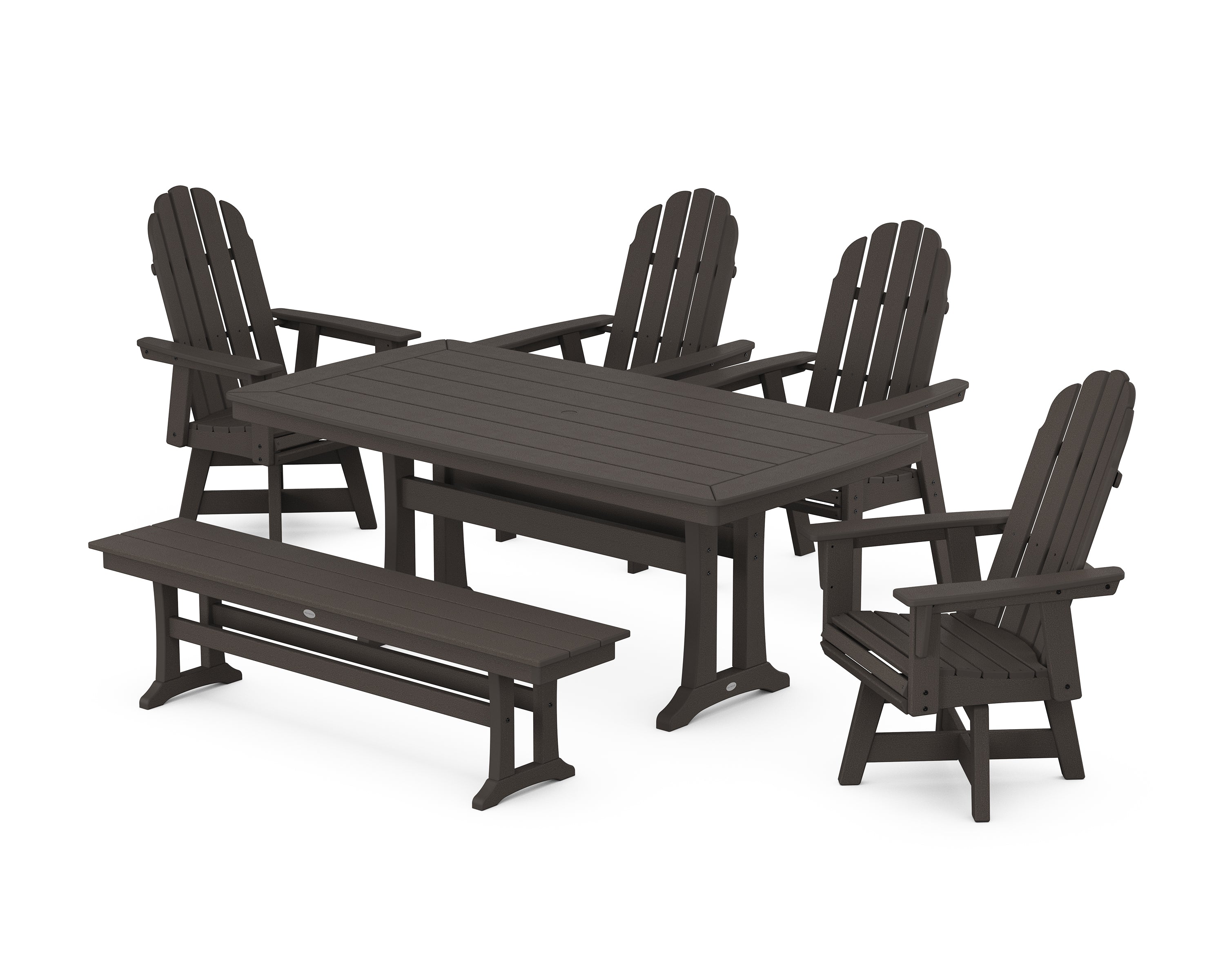 POLYWOOD® Vineyard Curveback Adirondack Swivel Chair 6-Piece Dining Set with Trestle Legs and Bench in Vintage Coffee