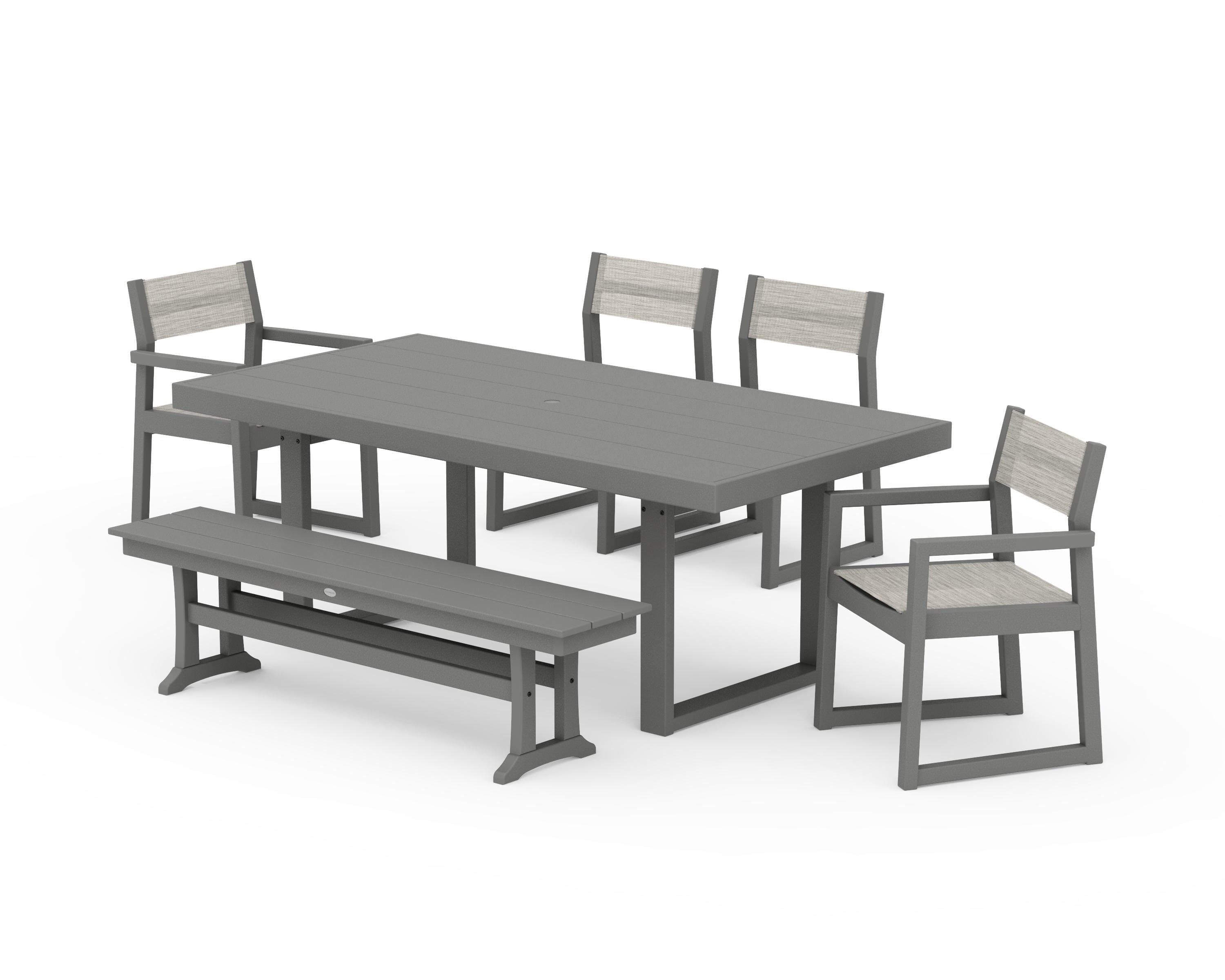 POLYWOOD EDGE Sling 6-Piece Dining Set with Bench in Slate Grey / Birch Sling