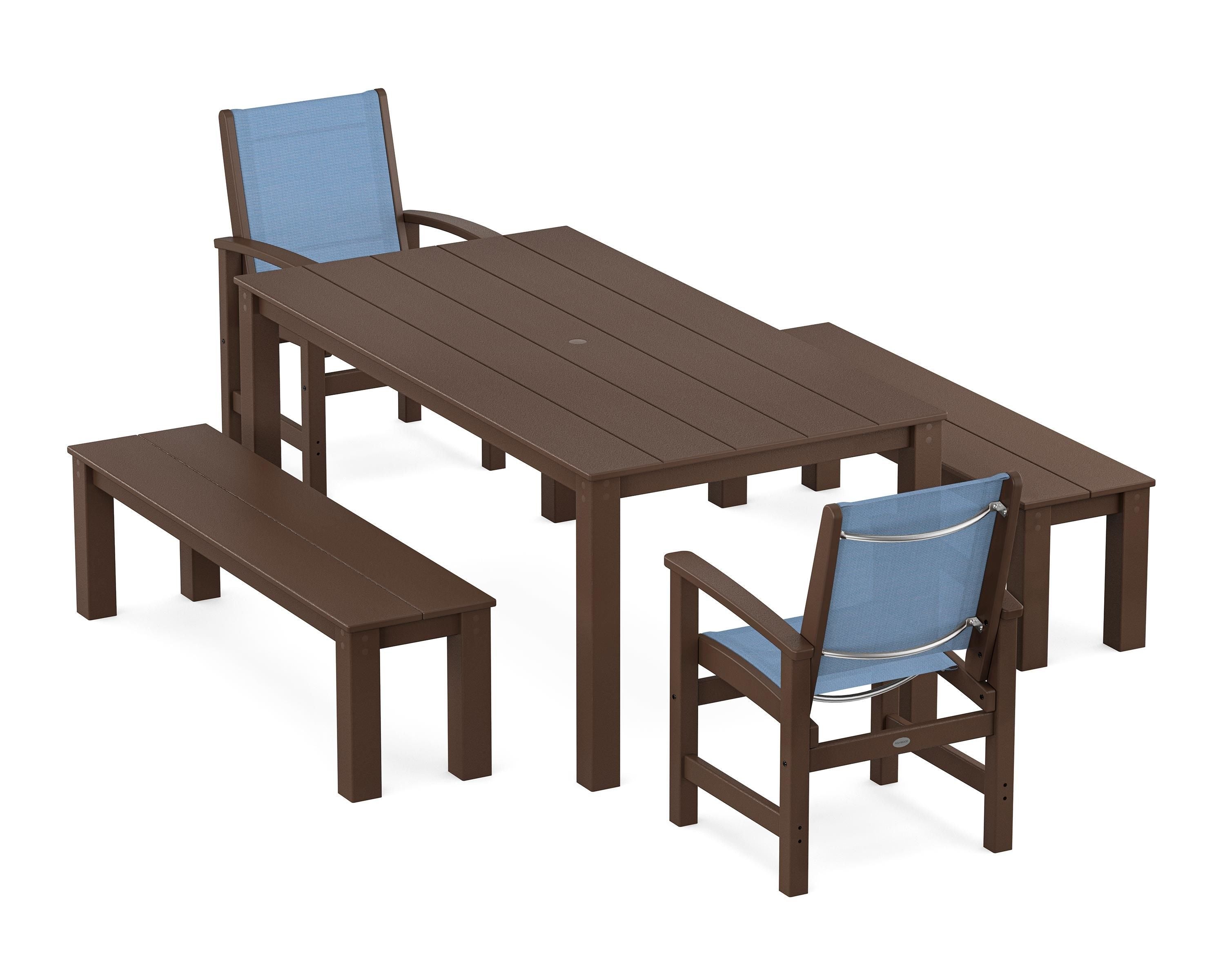 POLYWOOD Coastal 5-Piece Parsons Dining Set with Benches in Mahogany / Poolside Sling