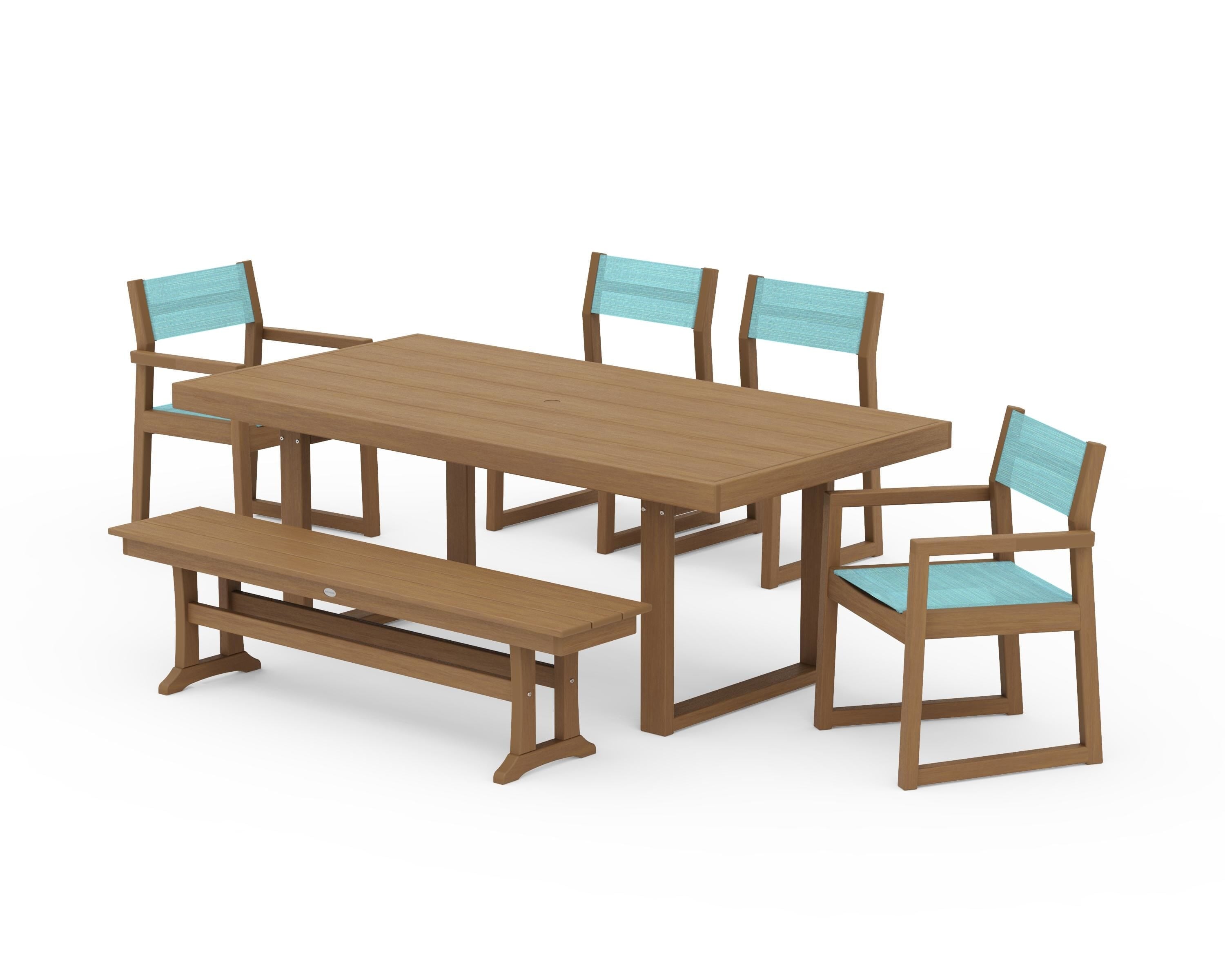 POLYWOOD EDGE Sling 6-Piece Dining Set with Bench in Natural / Dupioni Aquamarine Sling