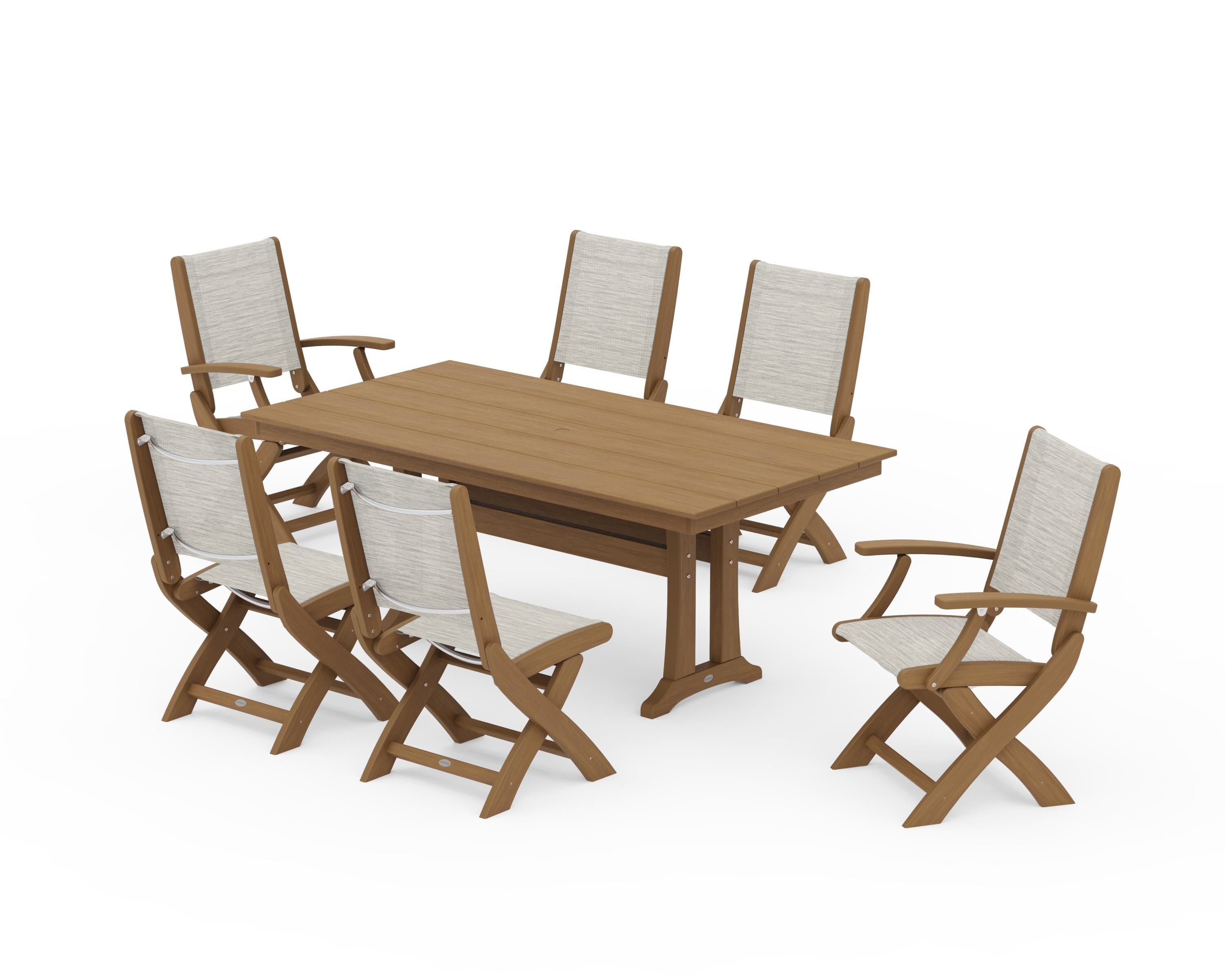 POLYWOOD Coastal Folding Chair 7-Piece Farmhouse Dining Set with Trestle Legs in Natural / Birch Sling