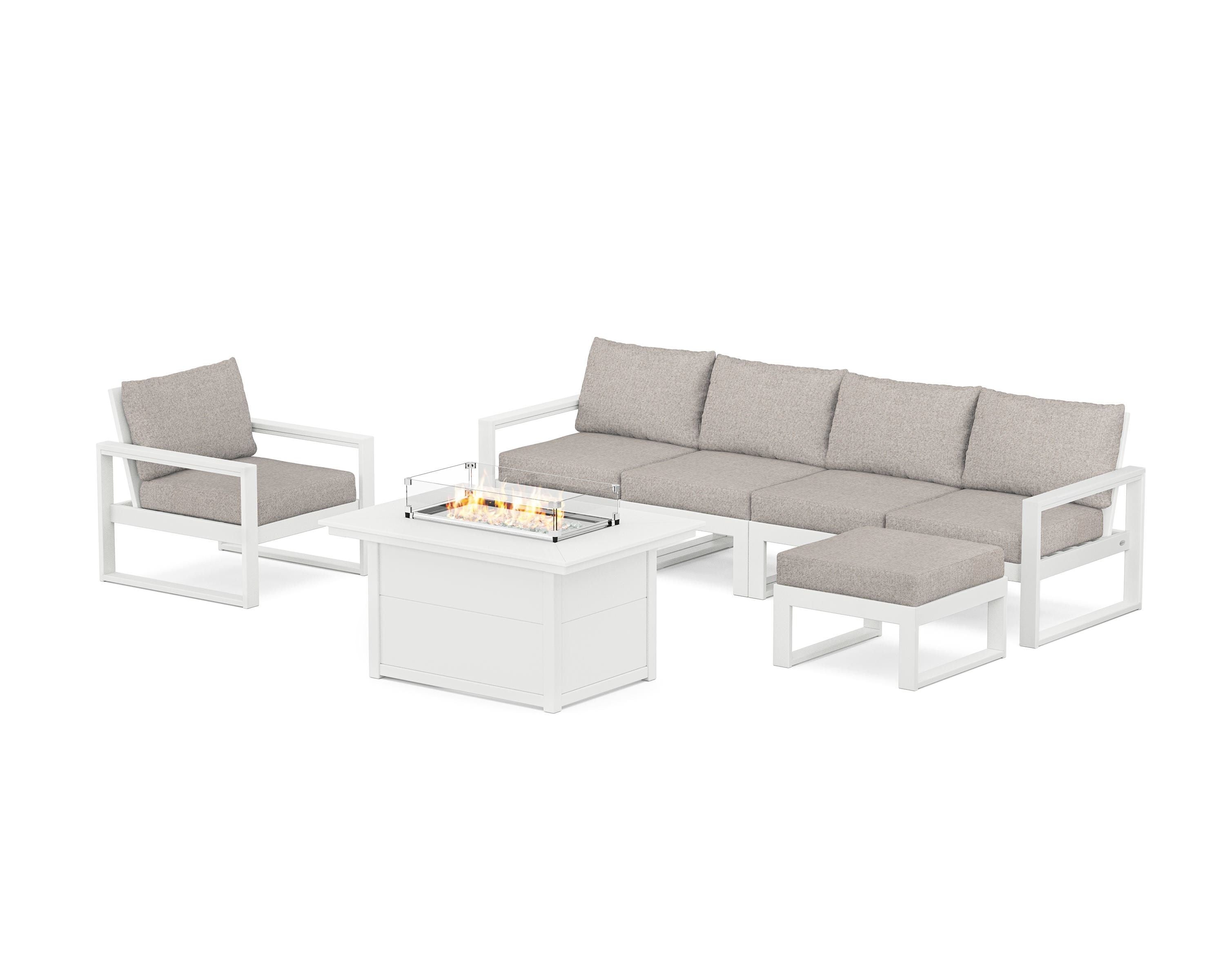 POLYWOOD EDGE Sectional Lounge and Fire Pit Set in White / Weathered Tweed