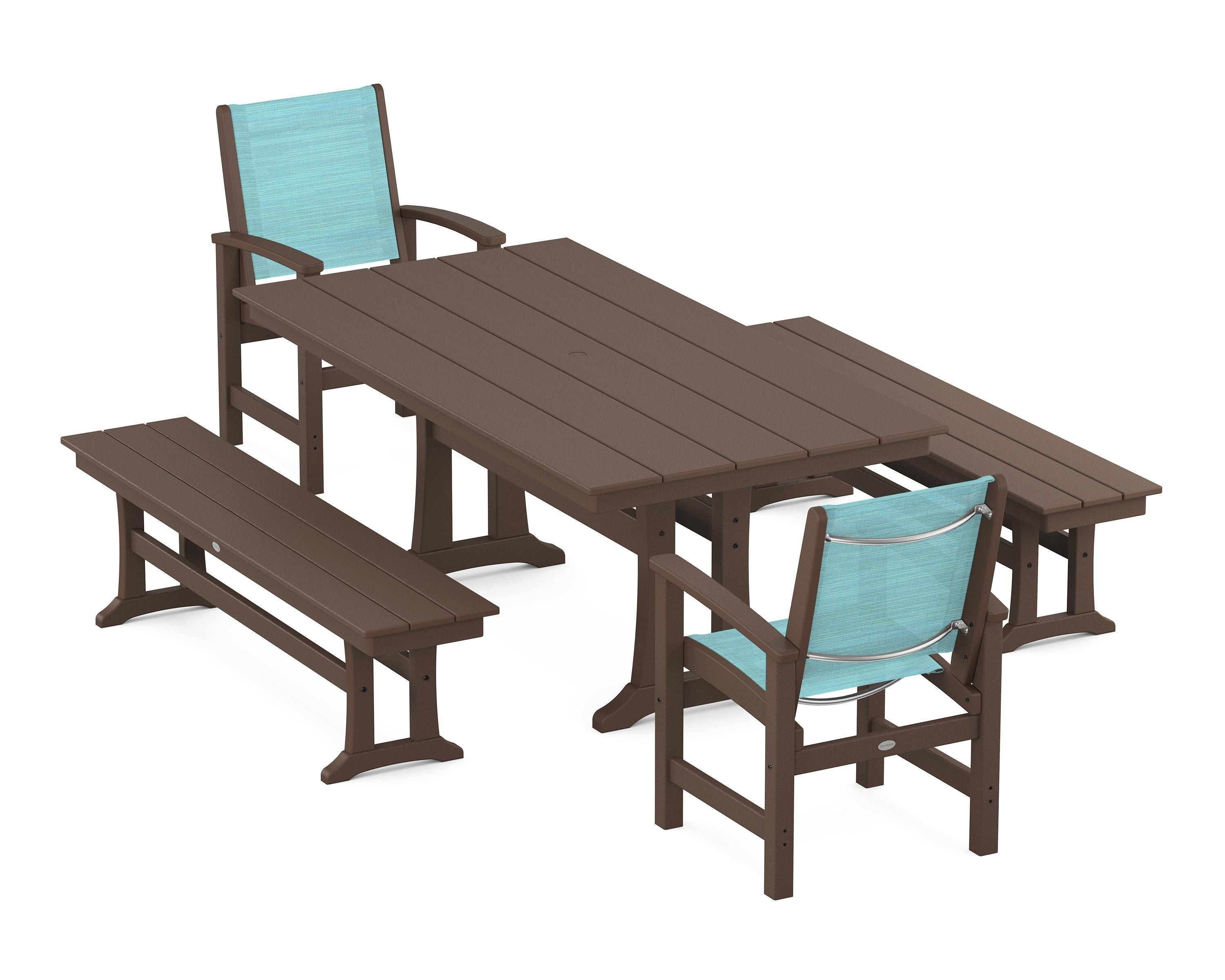 POLYWOOD Coastal 5-Piece Farmhouse Dining Set with Trestle Legs and Benches in Mahogany / Dupioni Aquamarine Sling