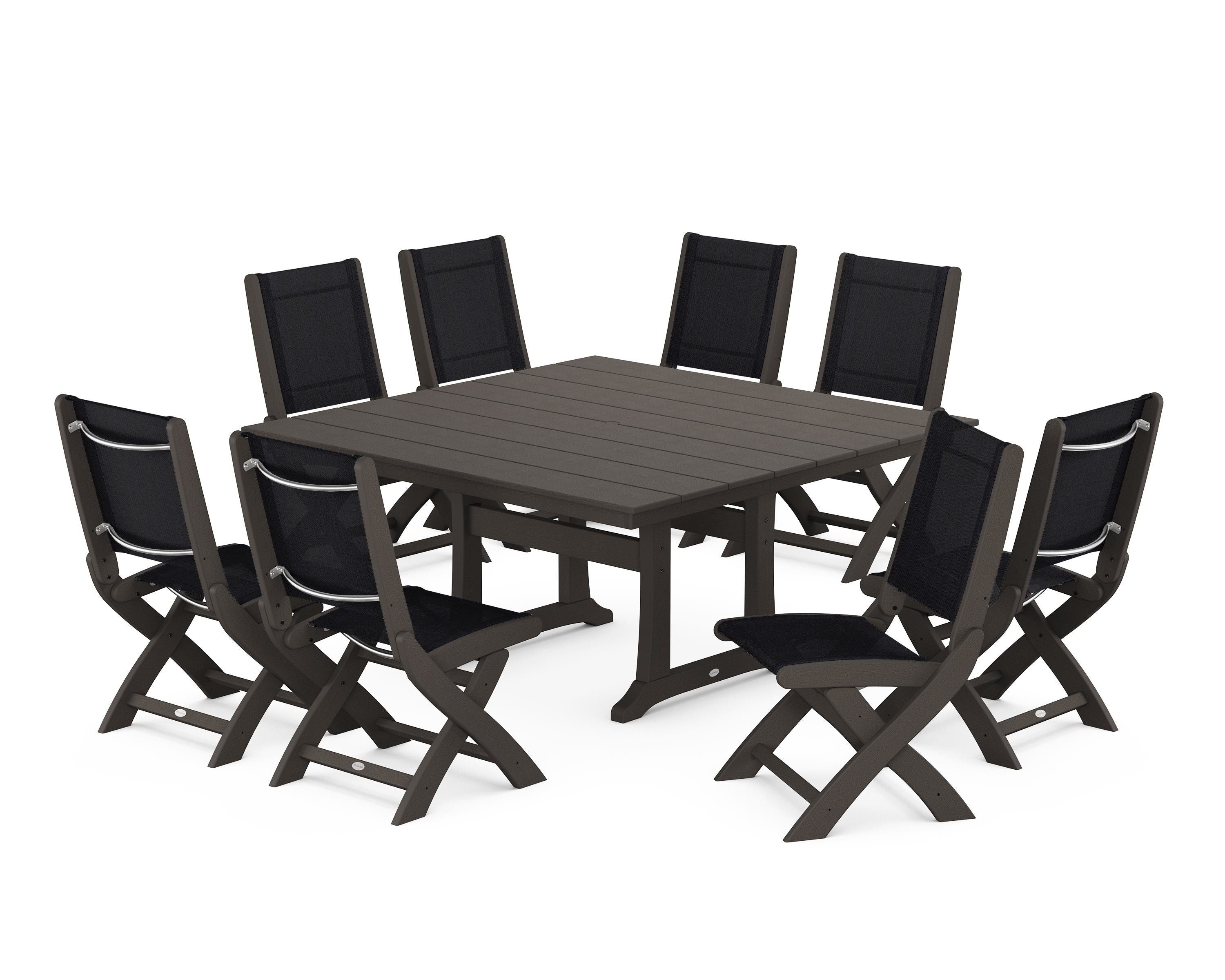 POLYWOOD Coastal Folding Side Chair 9-Piece Farmhouse Dining Set in Vintage Coffee / Black Sling
