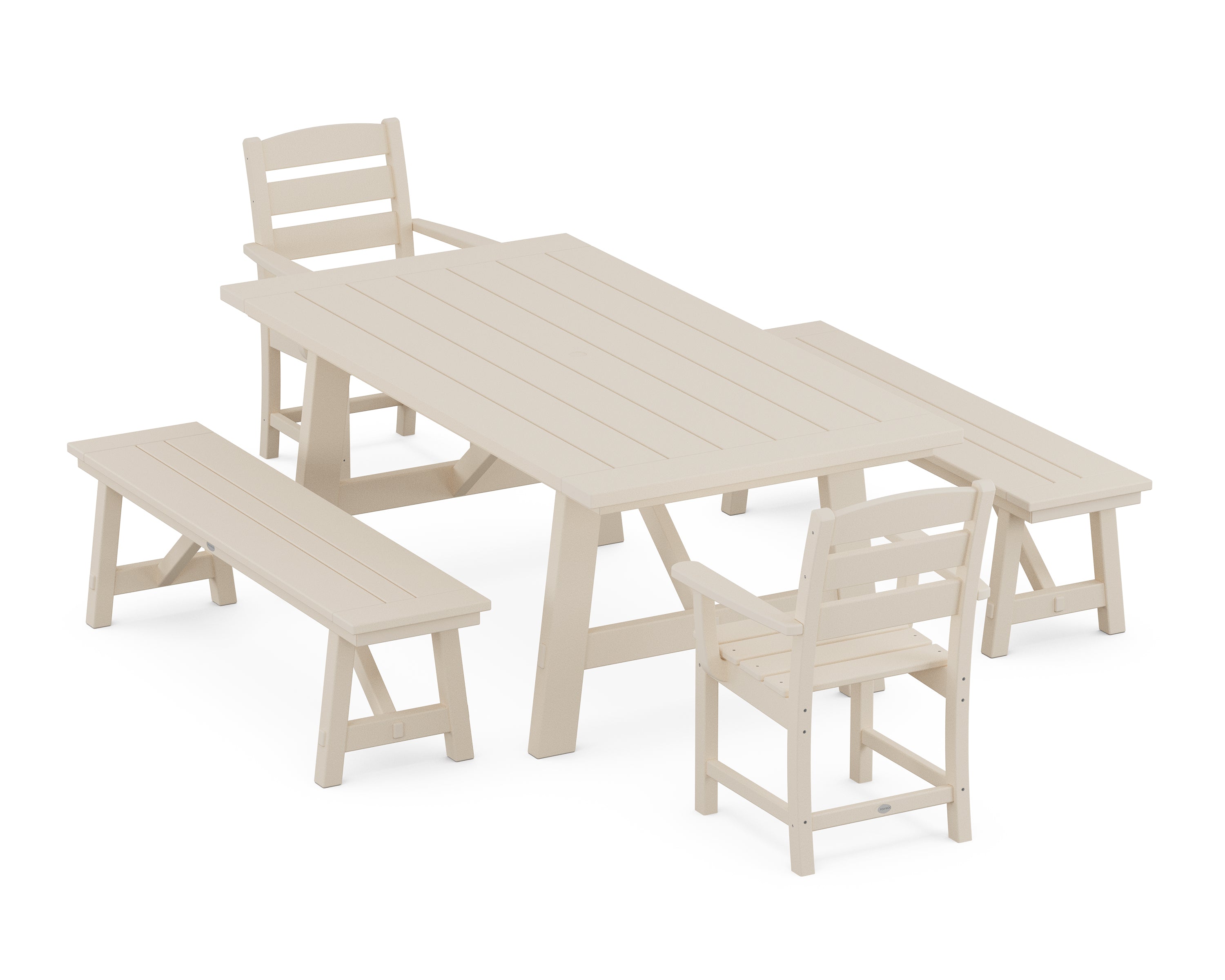 POLYWOOD® Lakeside 5-Piece Rustic Farmhouse Dining Set With Benches in Sand