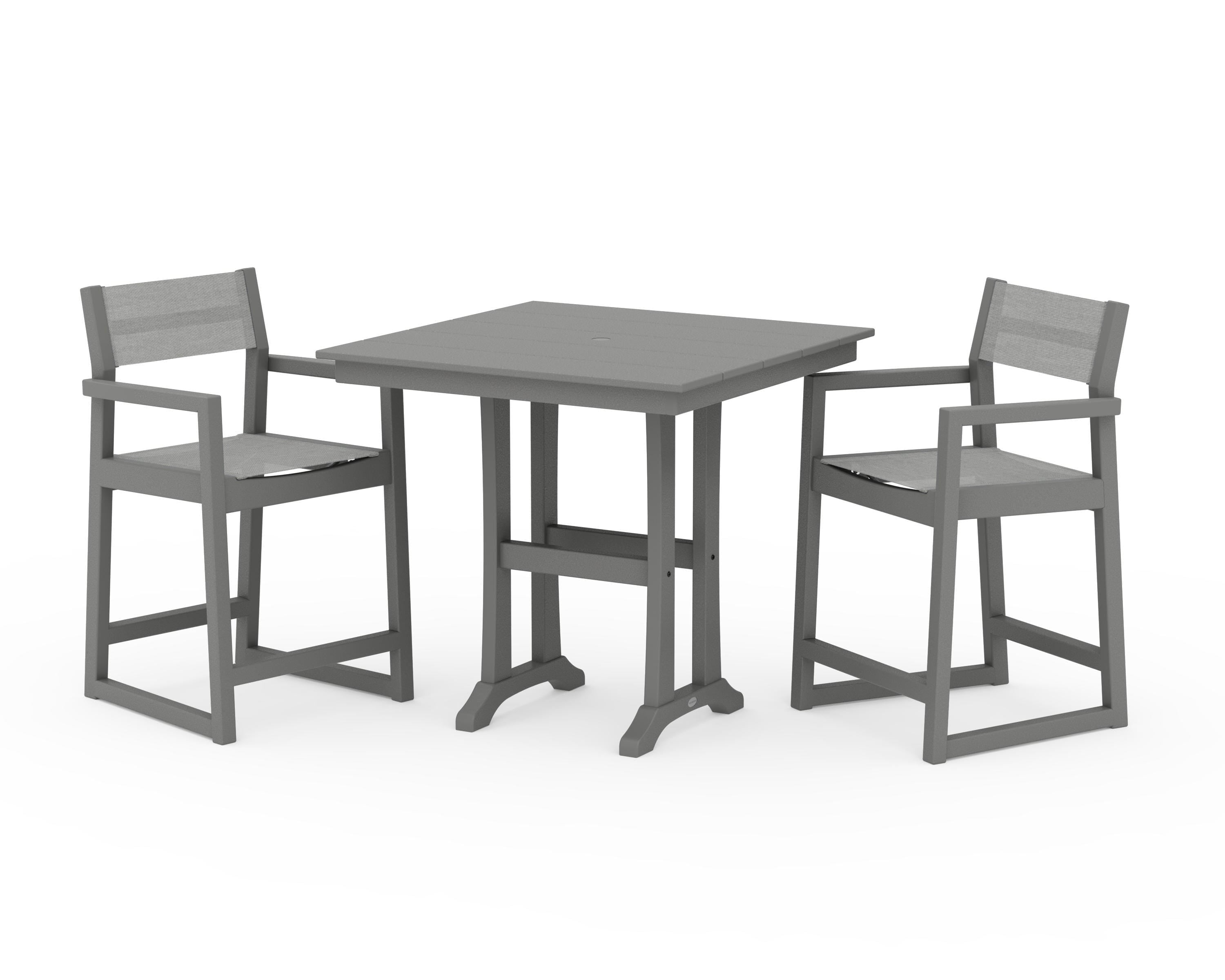 POLYWOOD EDGE Sling Arm Chair 3-Piece Farmhouse Counter Set with Trestle Legs in Slate Grey / Metallic Sling