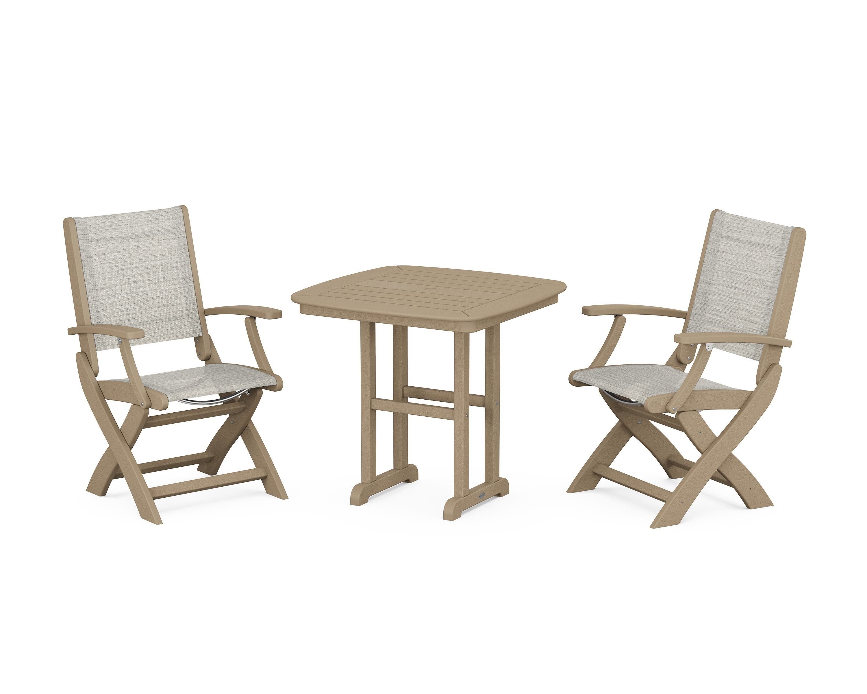 POLYWOOD Coastal Folding Chair 3-Piece Dining Set in Vintage Sahara / Birch Sling