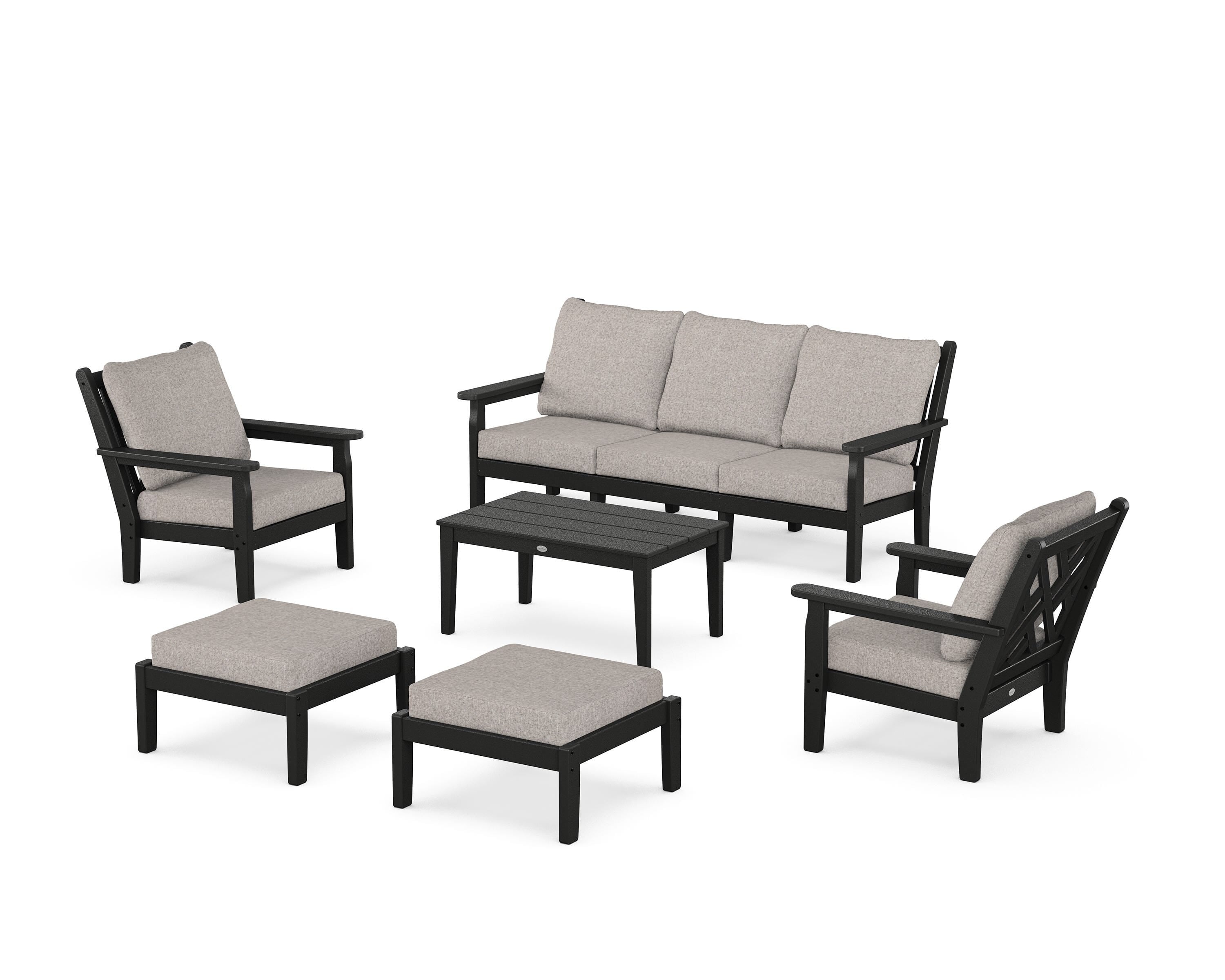 POLYWOOD Chippendale 6-Piece Lounge Sofa Set in Black / Weathered Tweed