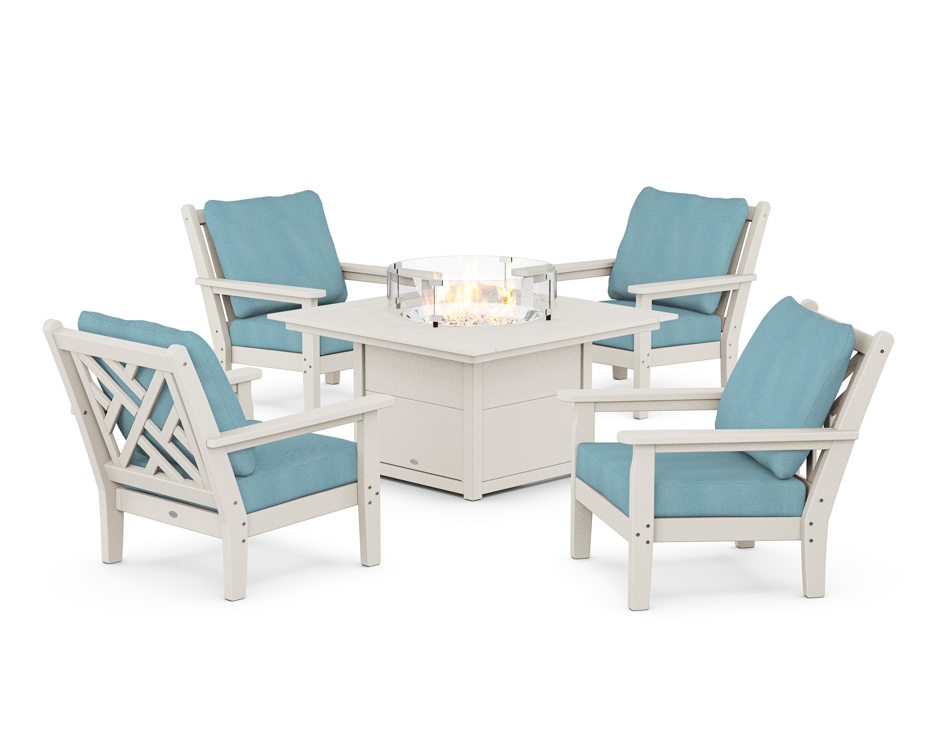 POLYWOOD Chippendale 5-Piece Deep Seating Set with Fire Pit Table in Sand / Lattice Sky Blue