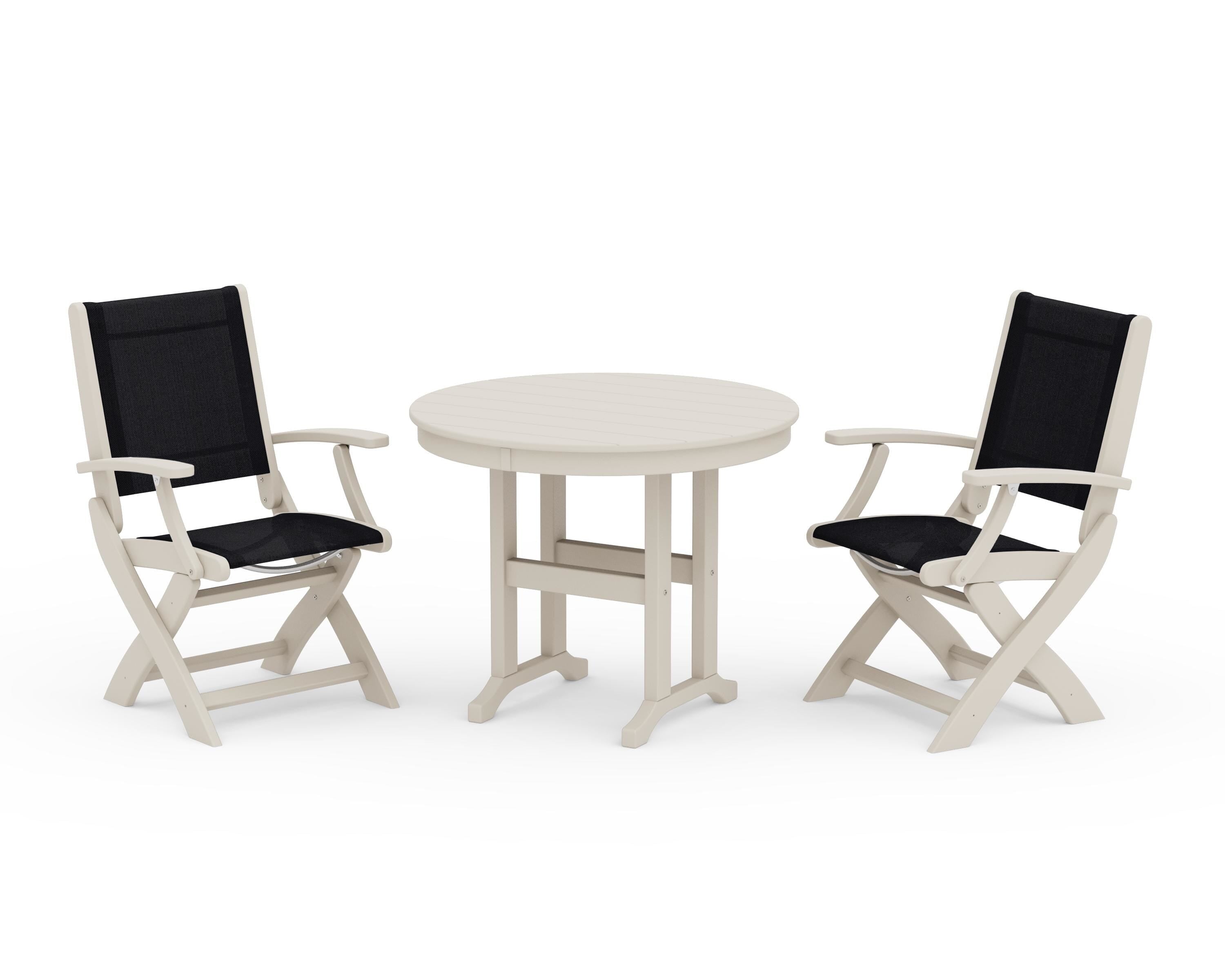 POLYWOOD Coastal Folding Chair 3-Piece Round Dining Set in Sand / Black Sling
