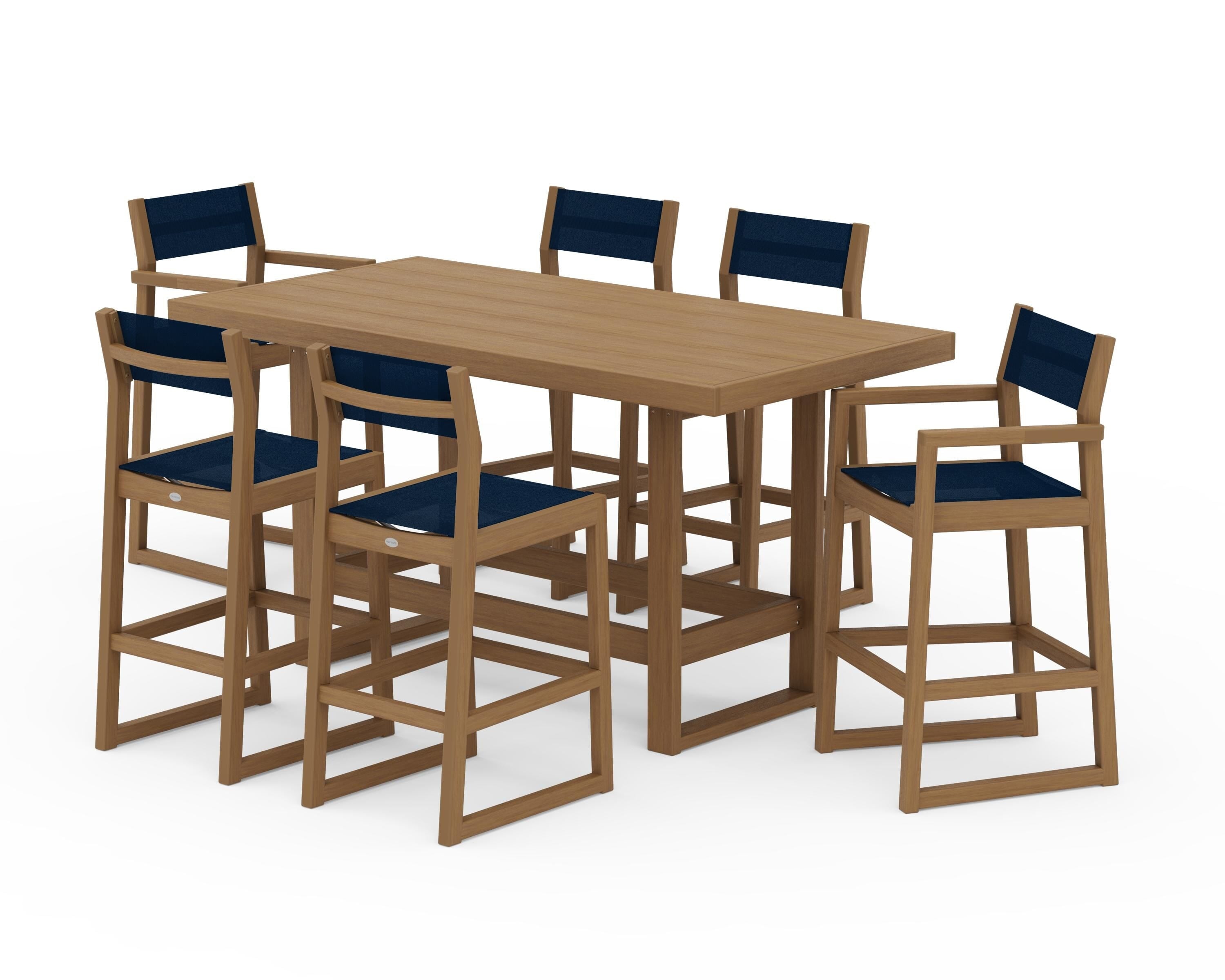 POLYWOOD EDGE Sling 7-Piece Bar Table Set in Natural / Navy Blue Sling