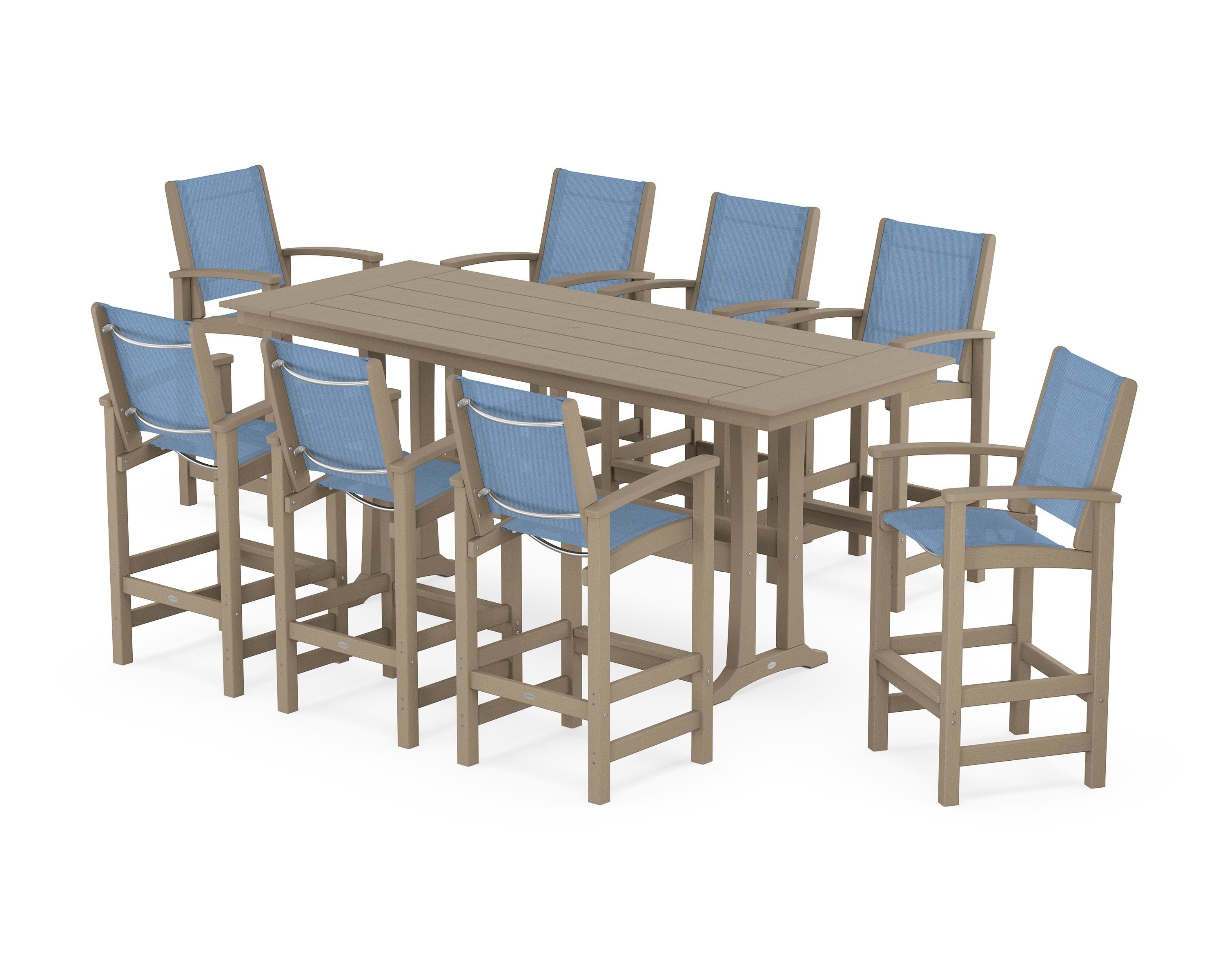 POLYWOOD Coastal 9-Piece Farmhouse Bar Set with Trestle Legs in Vintage Sahara / Poolside Sling