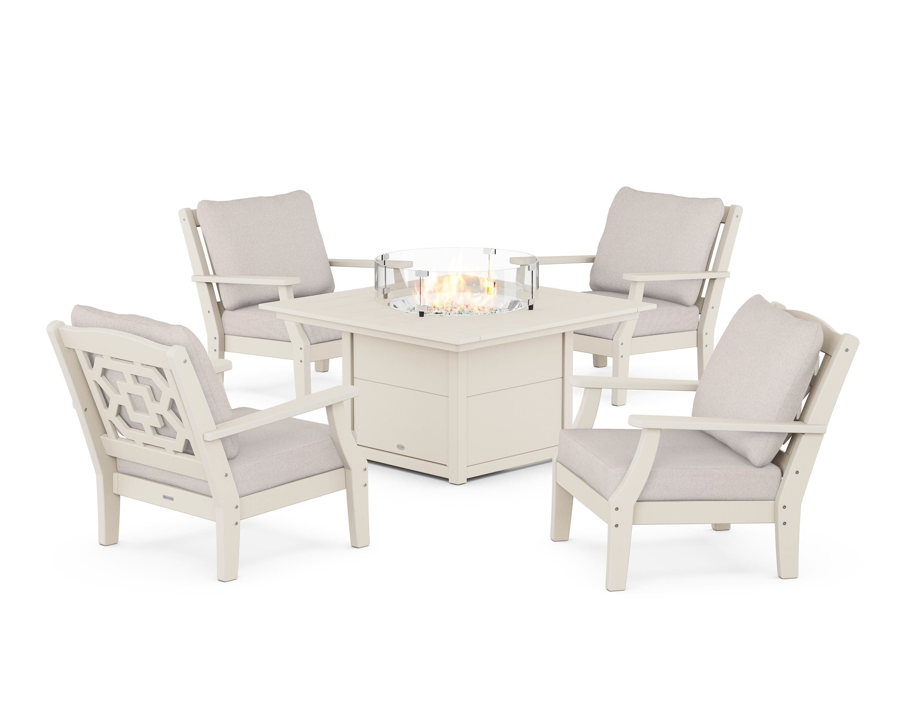 Martha Stewart by POLYWOOD Chinoiserie 5-Piece Deep Seating Set with Fire Pit Table in Sand / Dune Burlap