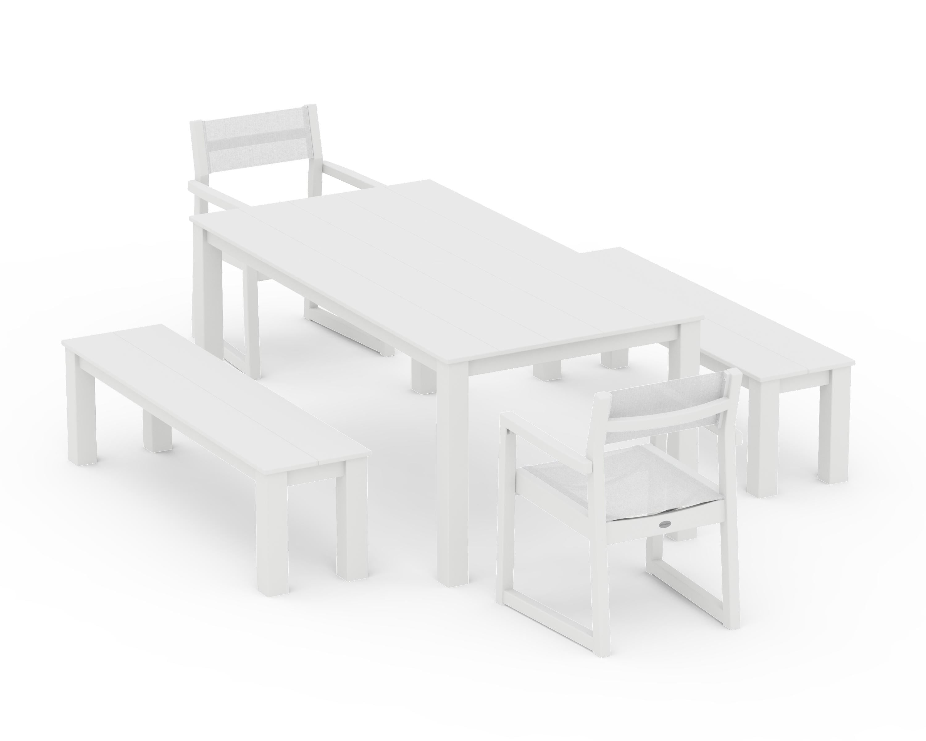 POLYWOOD EDGE Sling Arm Chair 5-Piece Parsons Dining Set with Benches in White / White Sling