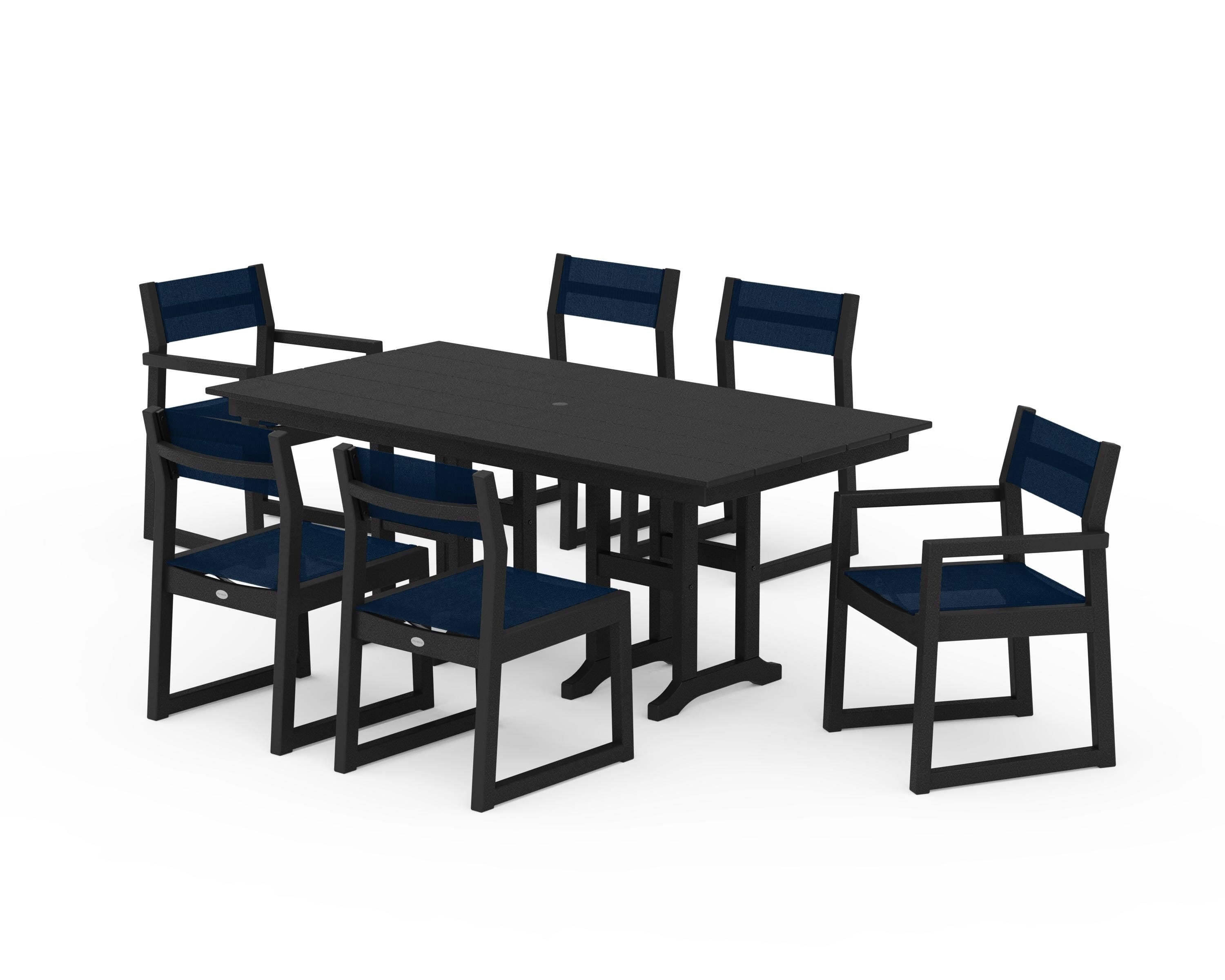 POLYWOOD EDGE Sling 7-Piece Farmhouse Dining Set in Black / Navy Blue Sling