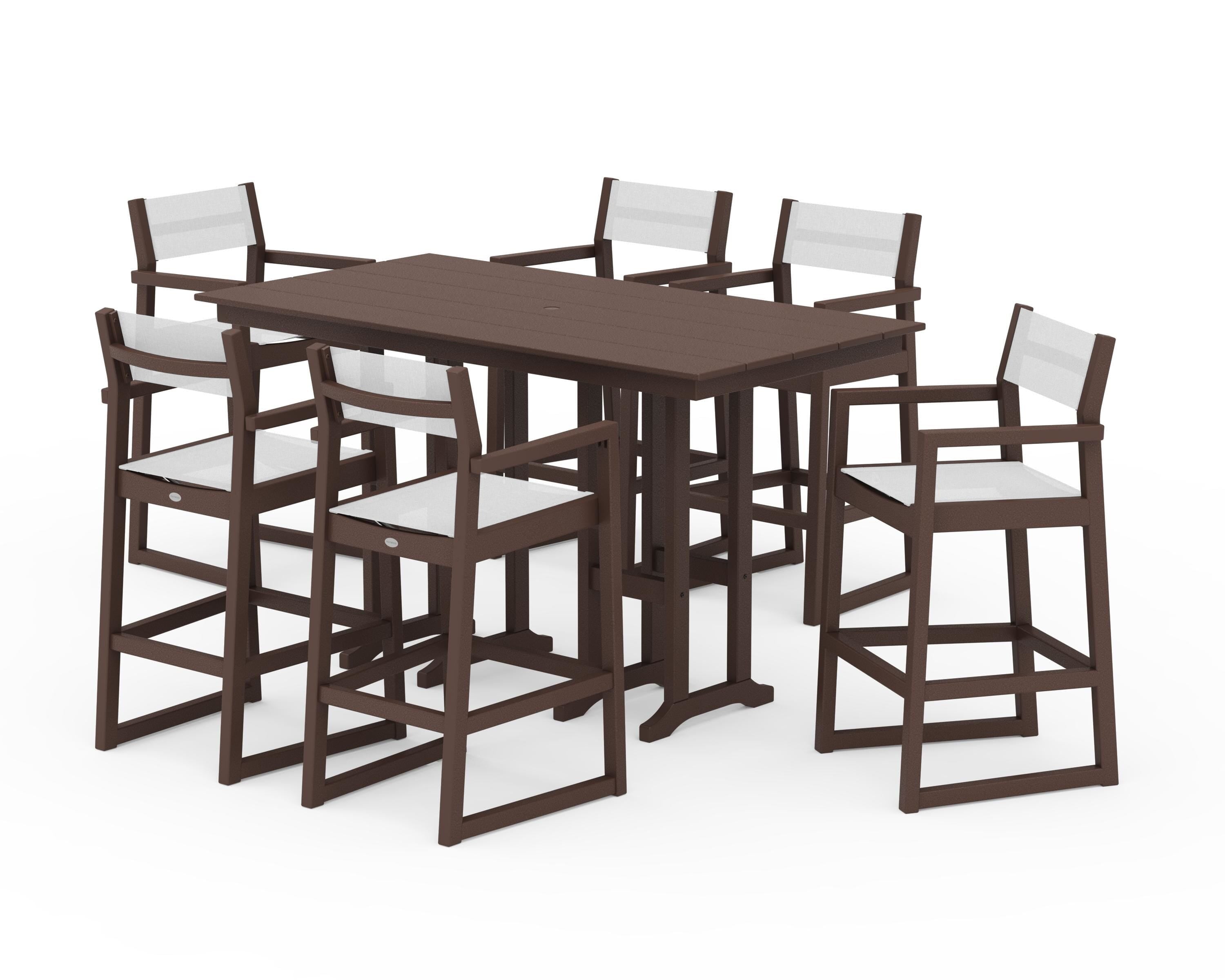 POLYWOOD EDGE Sling Arm Chair 7-Piece Farmhouse Bar Set in Mahogany / White Sling