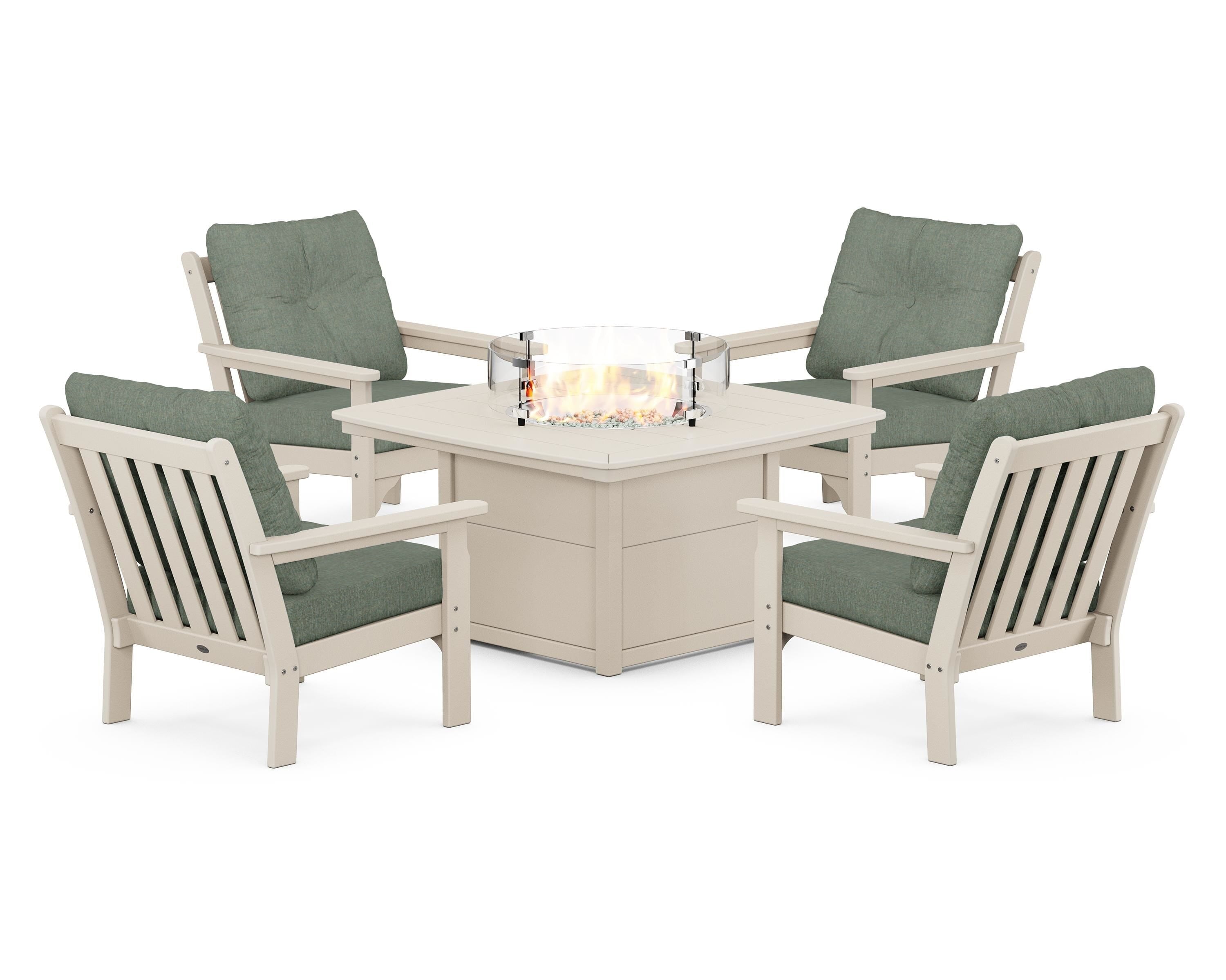 POLYWOOD Vineyard 5-Piece Conversation Set with Fire Pit Table in Sand / Cast Sage