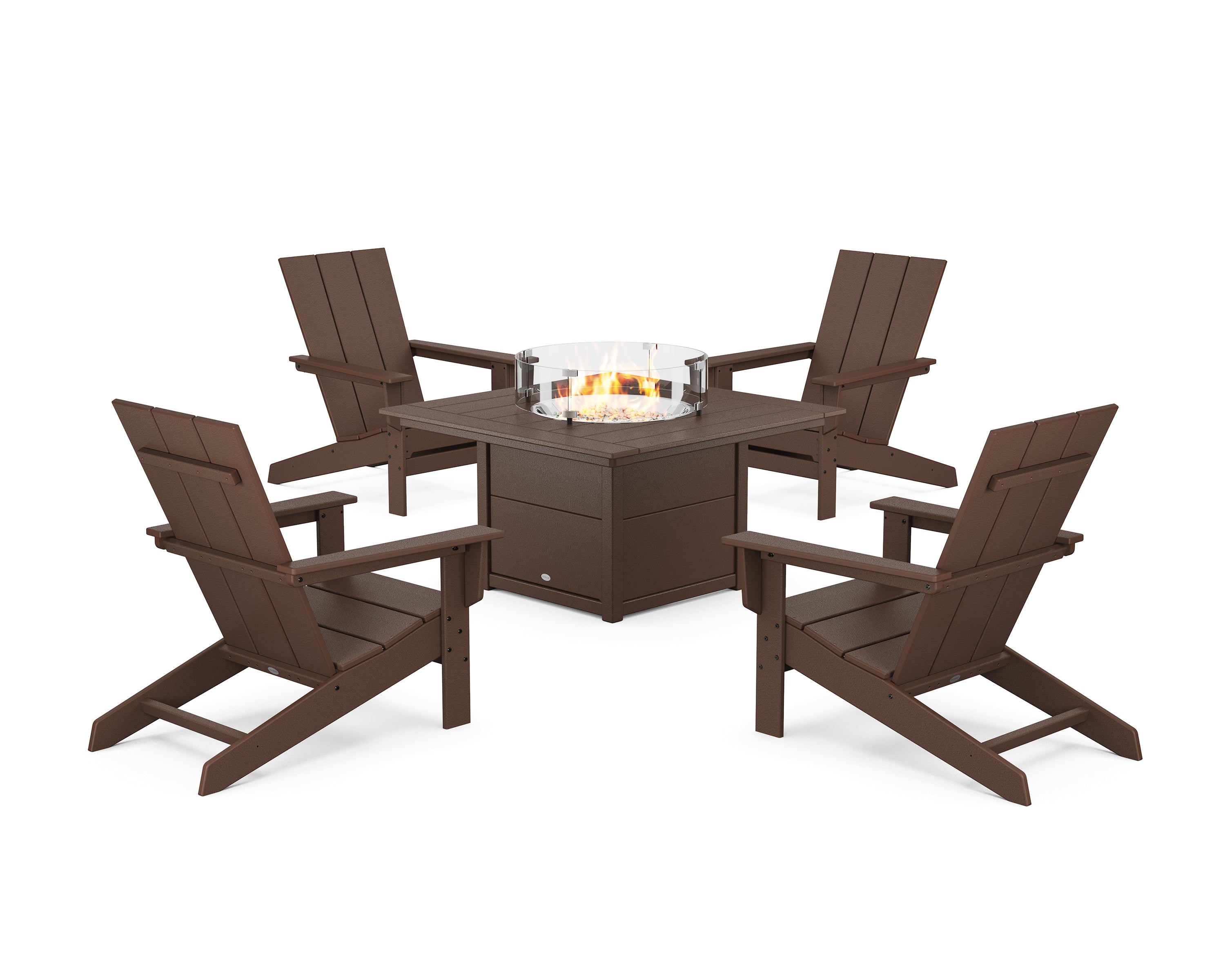 POLYWOOD® 5-Piece Modern Studio Adirondack Conversation Set with Fire Pit Table in Mahogany