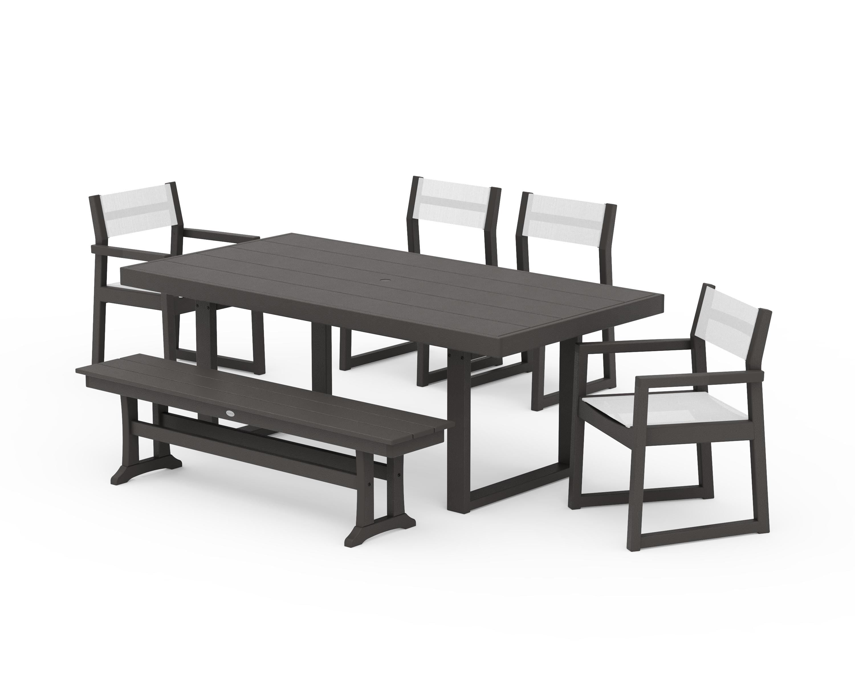 POLYWOOD EDGE Sling 6-Piece Dining Set with Bench in Vintage Coffee / White Sling