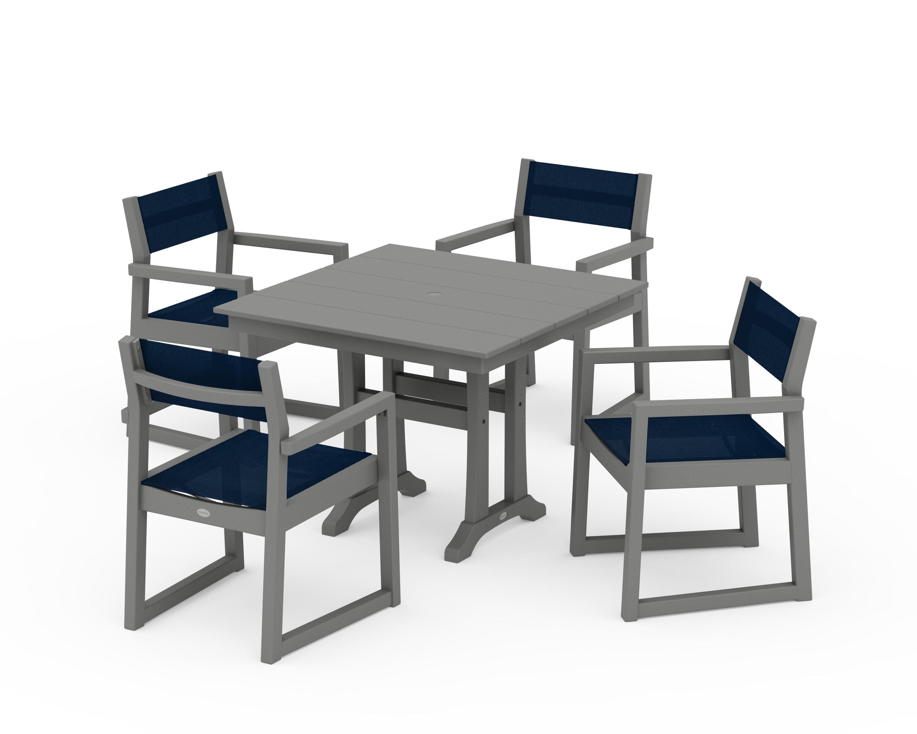 POLYWOOD EDGE Sling 5-Piece Farmhouse Dining Set with Trestle Legs in Slate Grey / Navy Blue Sling