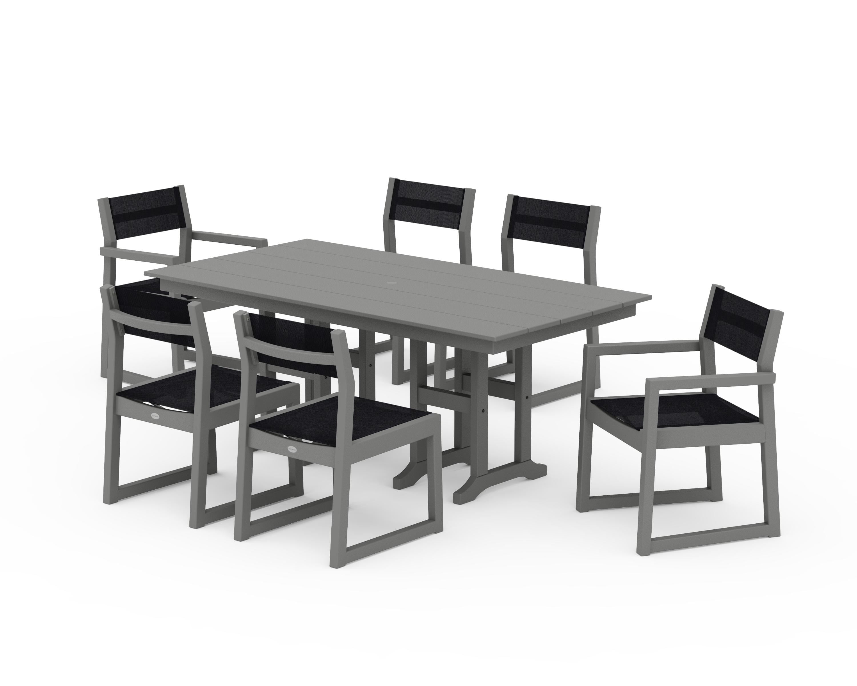 POLYWOOD EDGE Sling 7-Piece Farmhouse Dining Set in Slate Grey / Black Sling