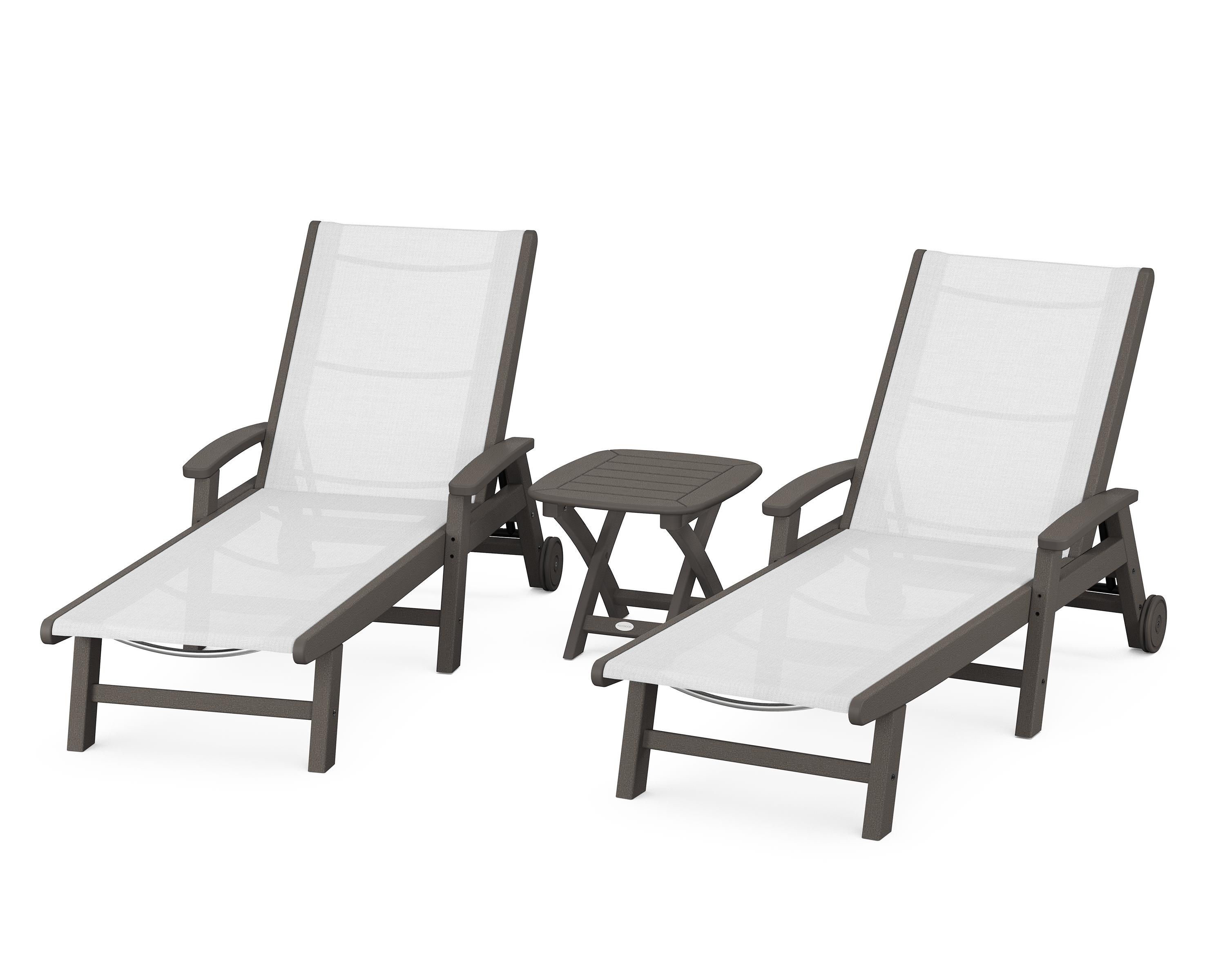 POLYWOOD Coastal 3-Piece Wheeled Chaise Set in Vintage Coffee / White Sling