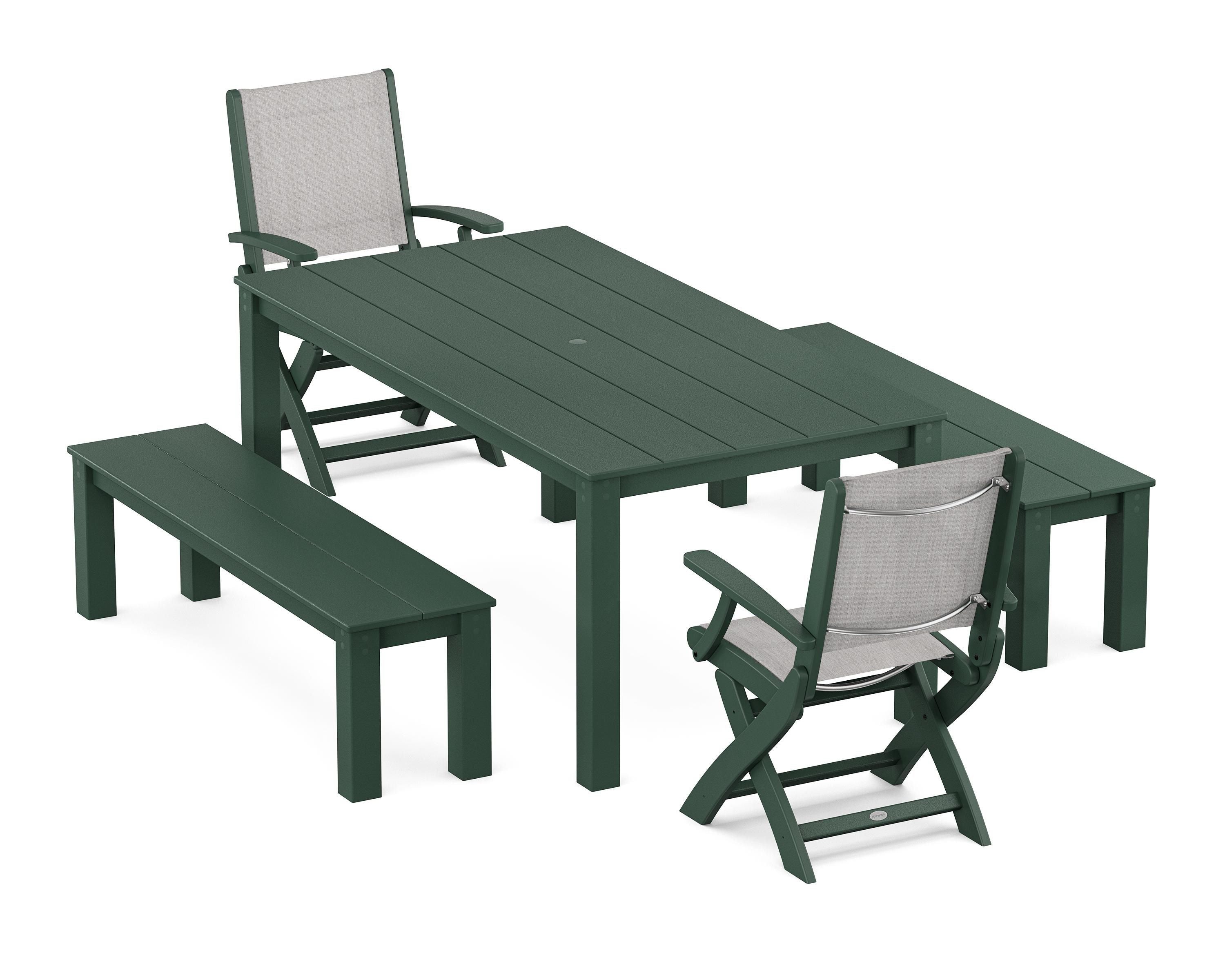 POLYWOOD Coastal Folding Chair 5-Piece Parsons Dining Set with Benches in Green / Parchment Sling