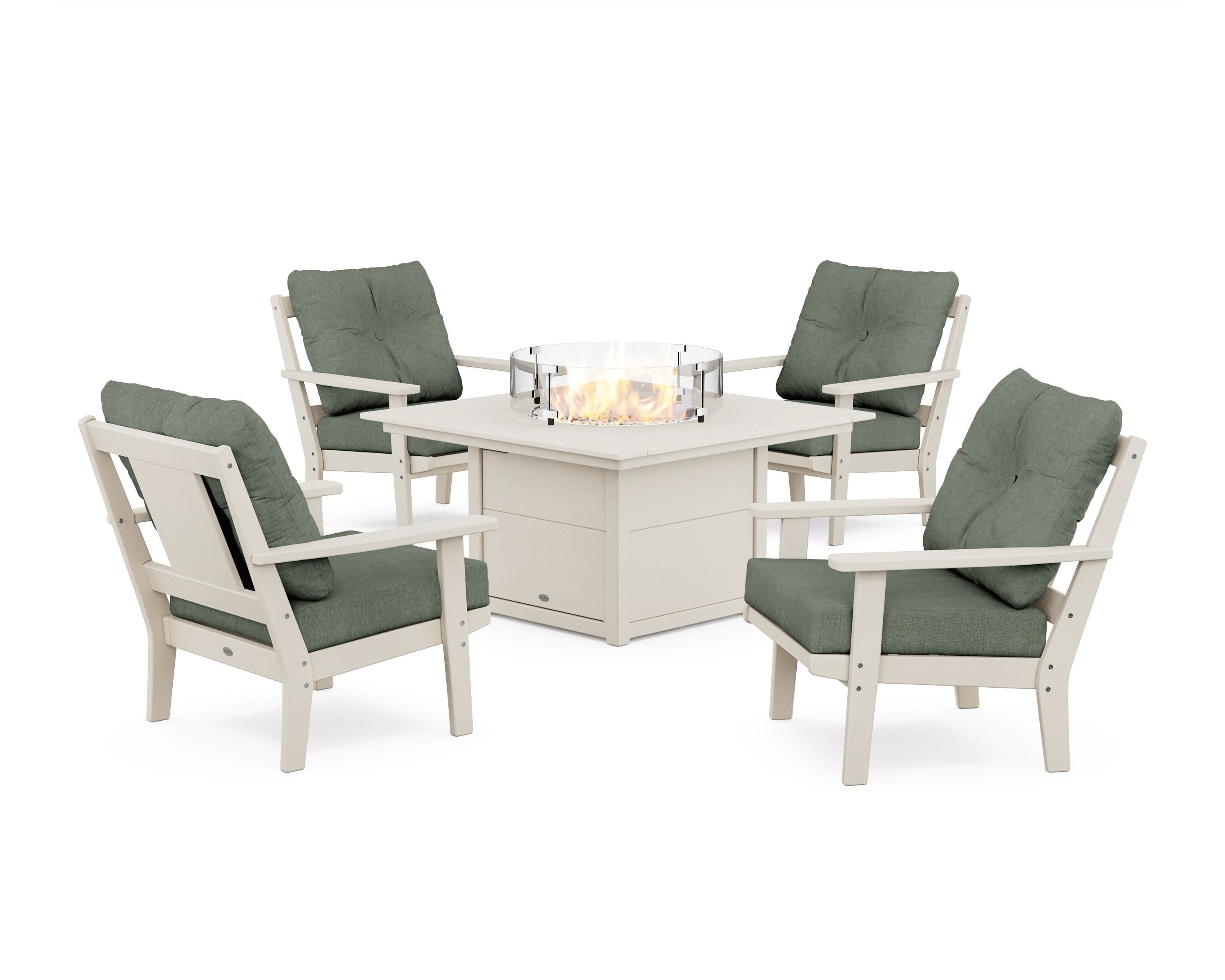 POLYWOOD Prairie 5-Piece Deep Seating Set with Fire Pit Table in Sand / Cast Sage