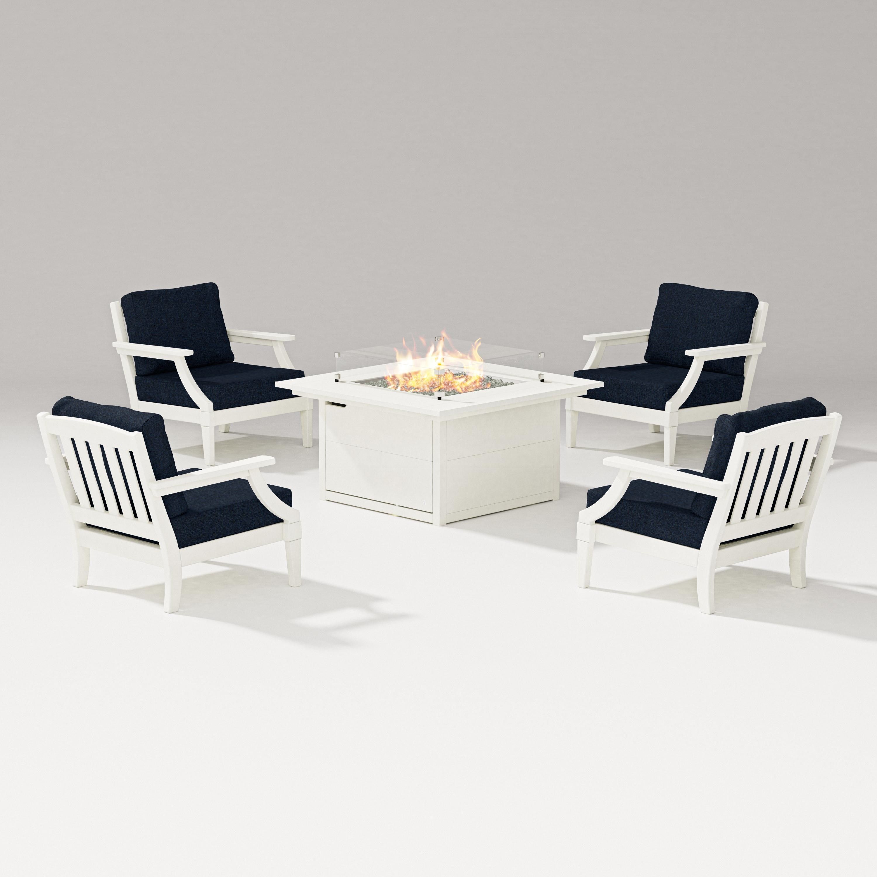 PW Designer Series Estate 5-Piece Lounge Fire Table Set in Vintage White / Marine Indigo