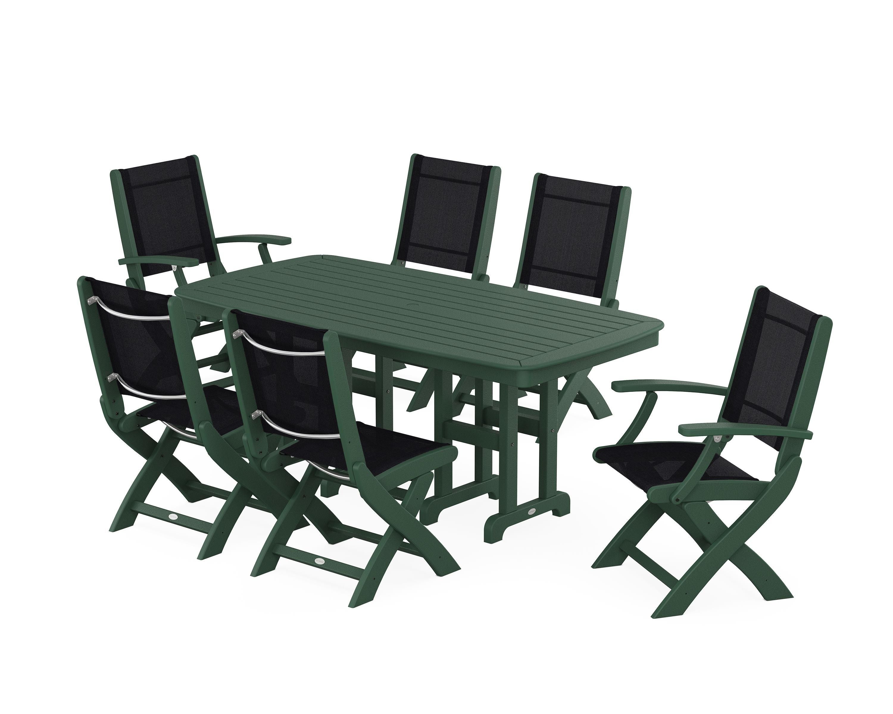 POLYWOOD Coastal Folding Chair 7-Piece Dining Set in Green / Black Sling