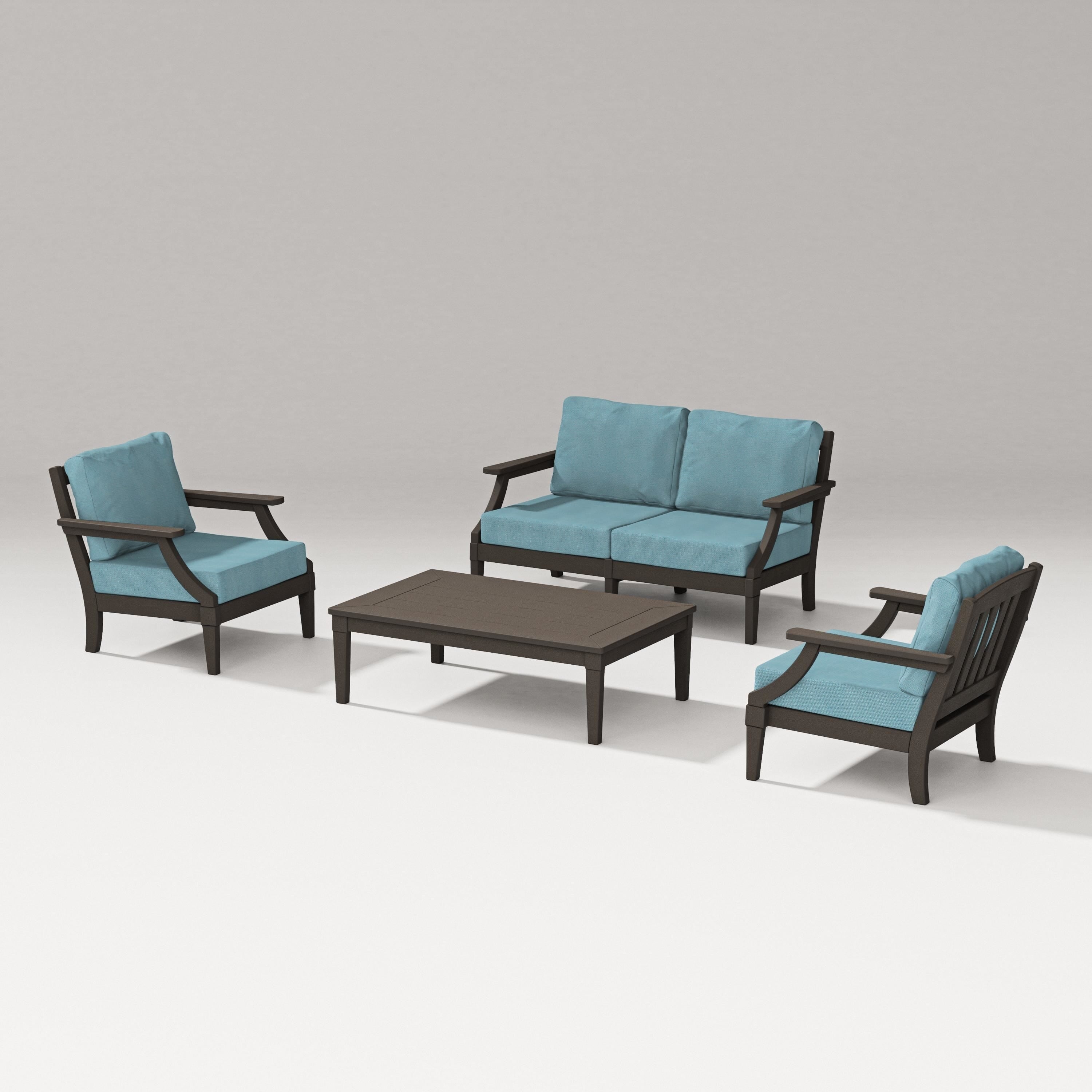 PW Designer Series Estate Lounge 4-Piece Loveseat Set in Vintage Coffee / Lattice Sky Blue