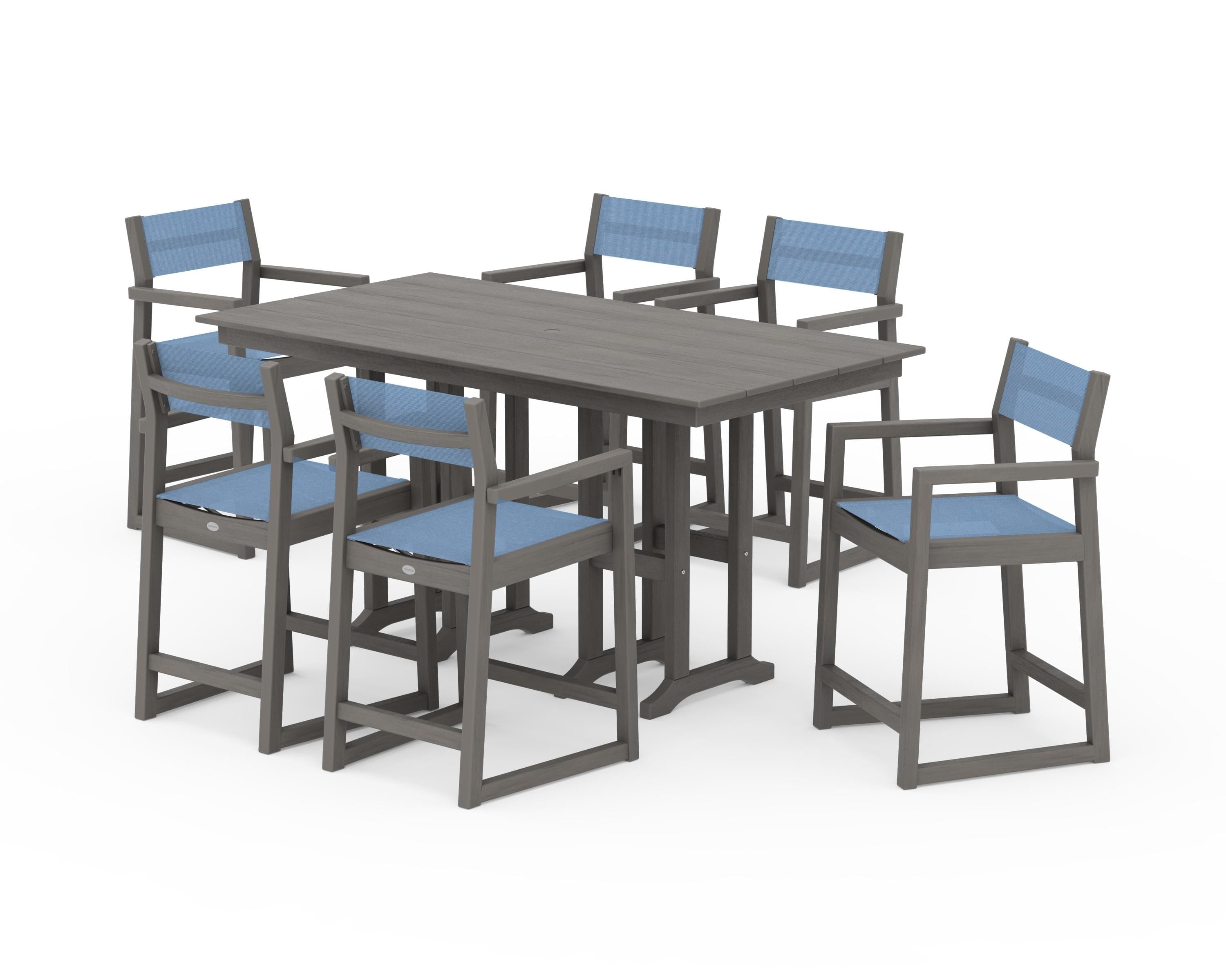 POLYWOOD EDGE Sling Arm Chair 7-Piece Farmhouse Counter Set in Driftwood / Poolside Sling