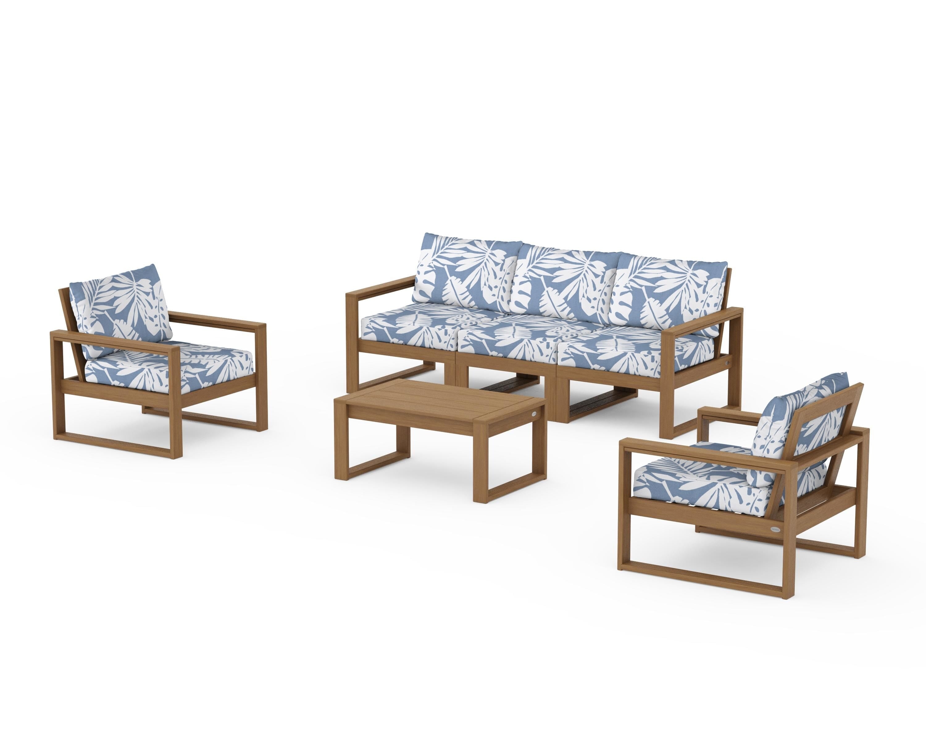 POLYWOOD EDGE Sectional 4-Piece Deep Seating Set with Sofa in Natural / Leaf Sky Blue