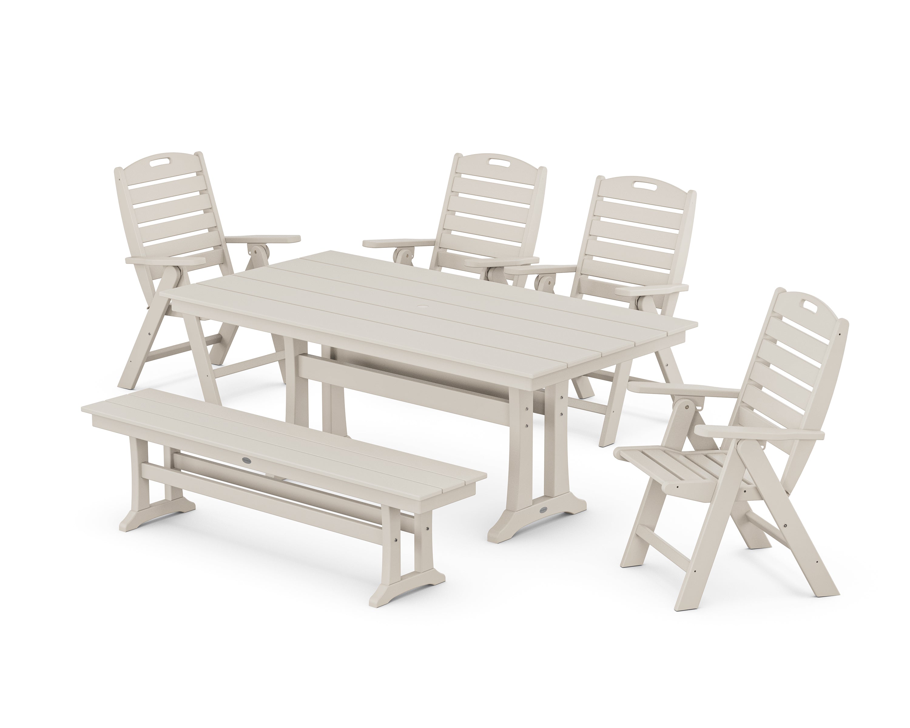 POLYWOOD Nautical Highback 6-Piece Farmhouse Dining Set with Trestle Legs and Bench in Sand