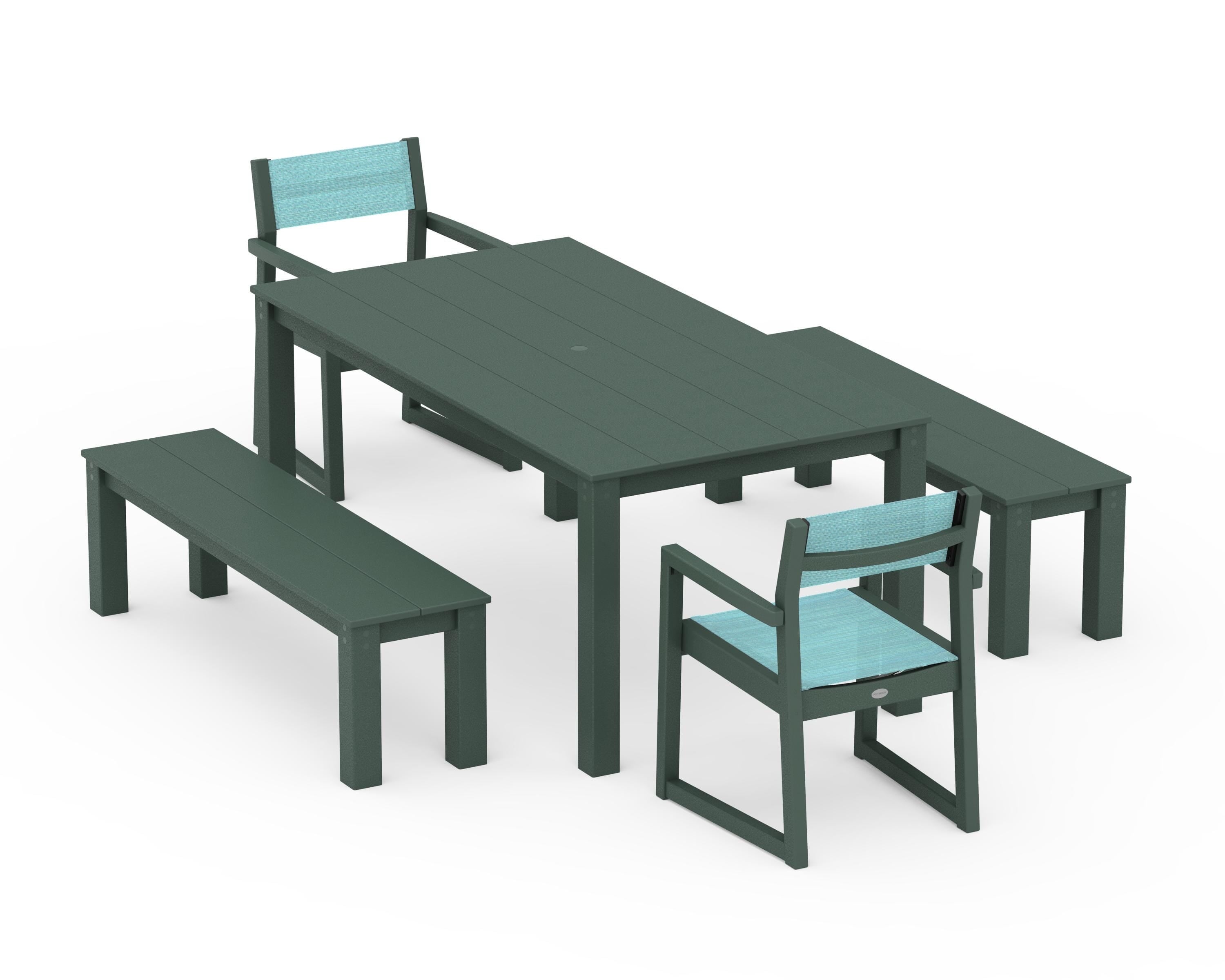 POLYWOOD EDGE Sling Arm Chair 5-Piece Parsons Dining Set with Benches in Green / Dupioni Aquamarine Sling