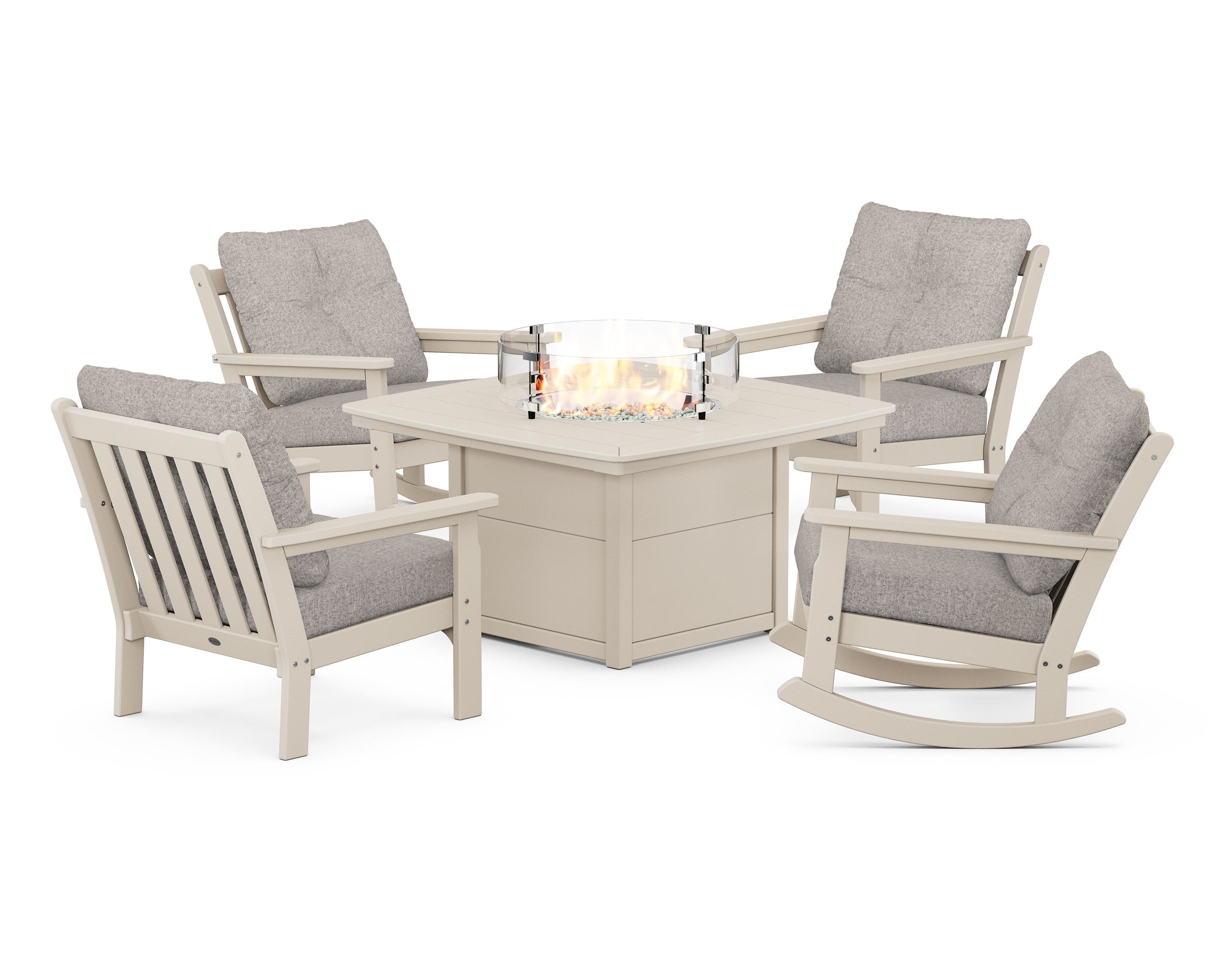 POLYWOOD Vineyard 5-Piece Deep Seating Rocking Chair Conversation Set with Fire Pit Table in Sand / Weathered Tweed